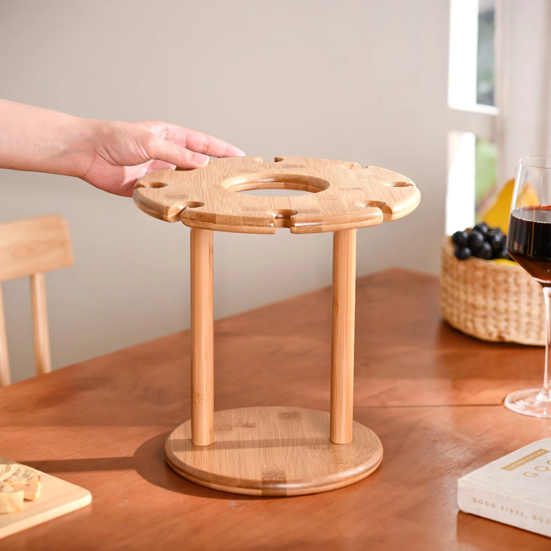 Mod Round Wooden Wine Bottle And Glass Holder - Image 3