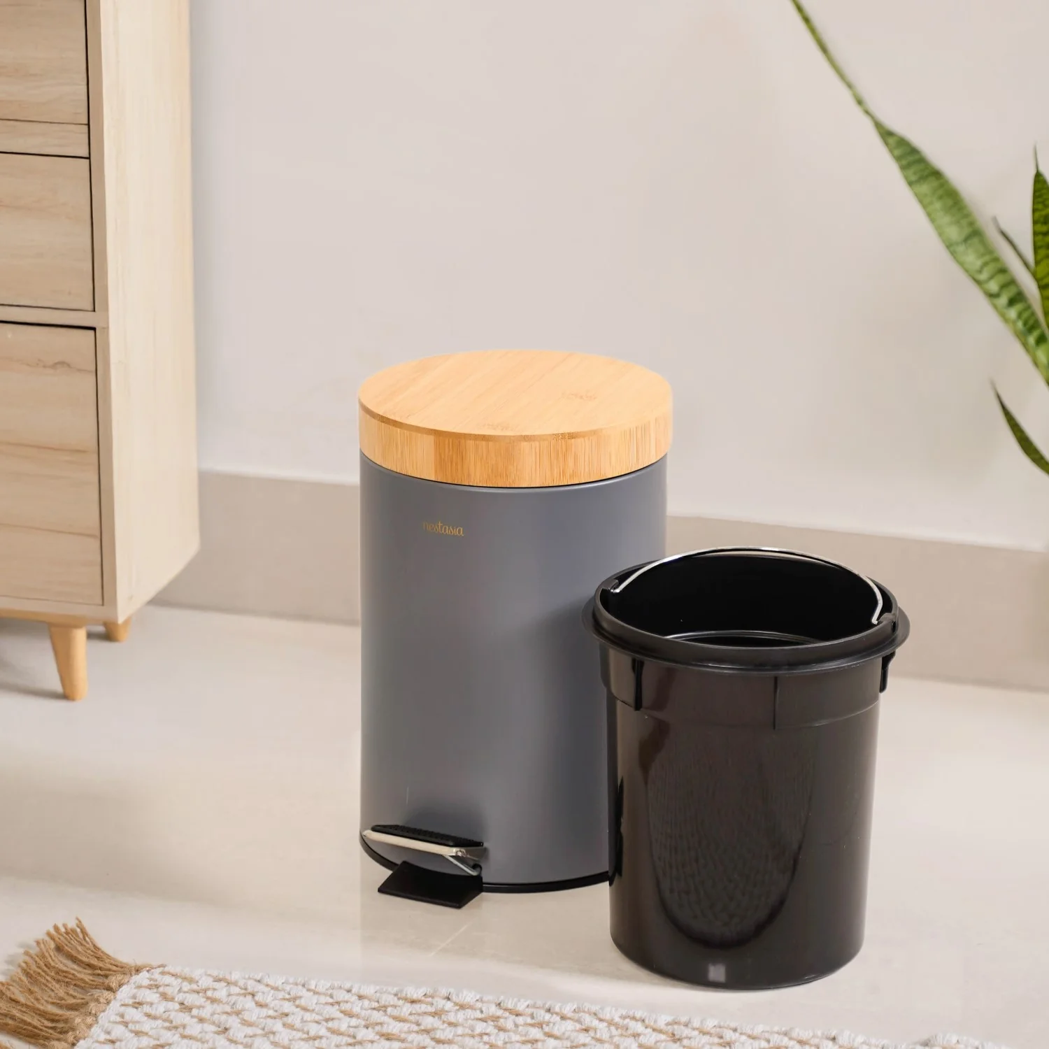 Modbin Bamboo Lid Metal Dustbin Grey 3000ml - Image 8