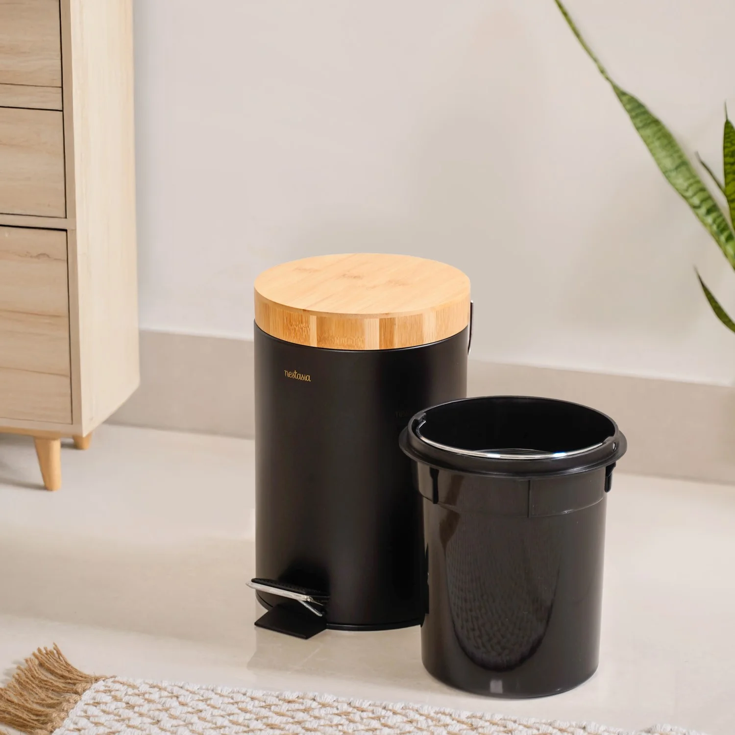 Modbin Bamboo Lid Metal Dustbin With Bucket Black 3000ml - Image 8