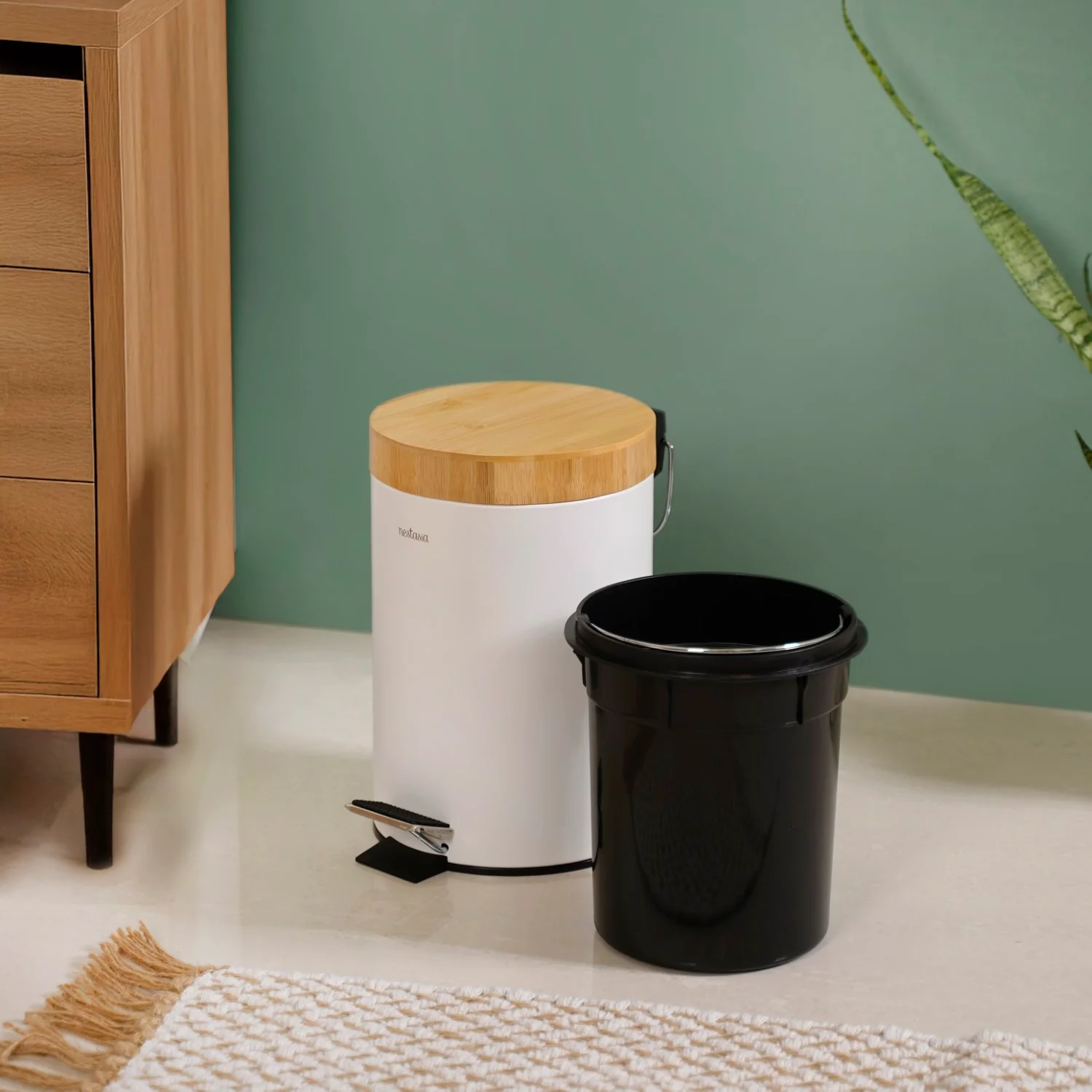 Modbin Bamboo Lid Metal Dustbin With Bucket White 3000ml - Image 9
