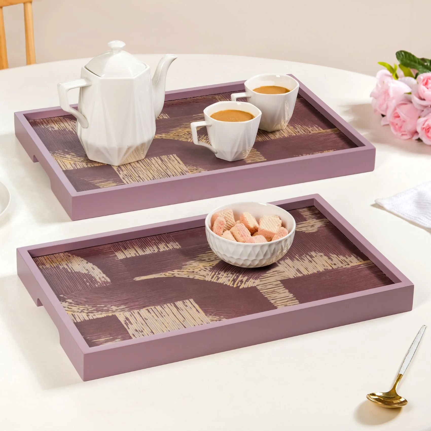 Modern Abstract Art Tray Set Of 2 Purple Matte Gold - Image 2