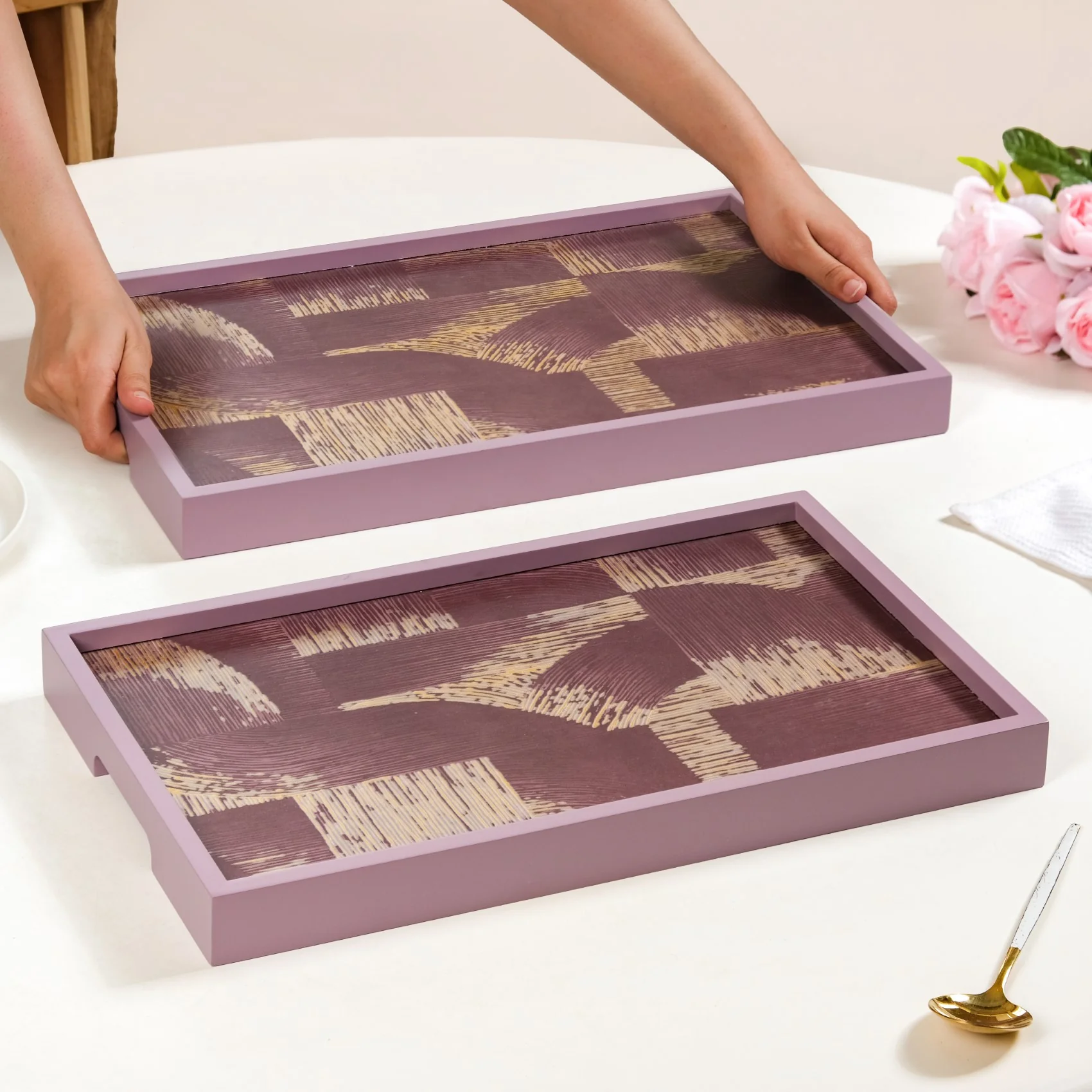 Modern Abstract Art Tray Set Of 2 Purple Matte Gold - Image 3