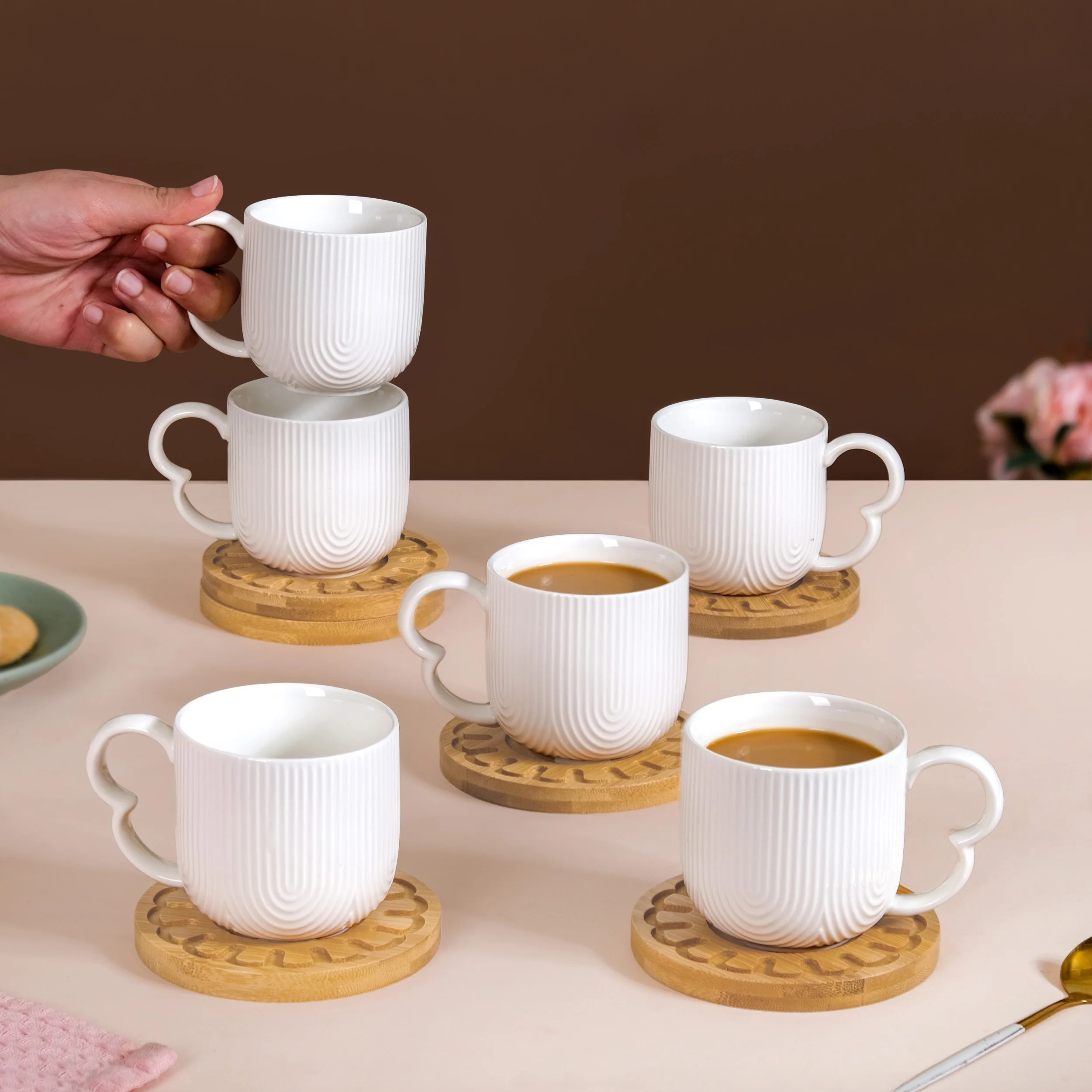 Modern Art Deco Ceramic Cup Set Of 6 With Coasters 200ml - Image 2