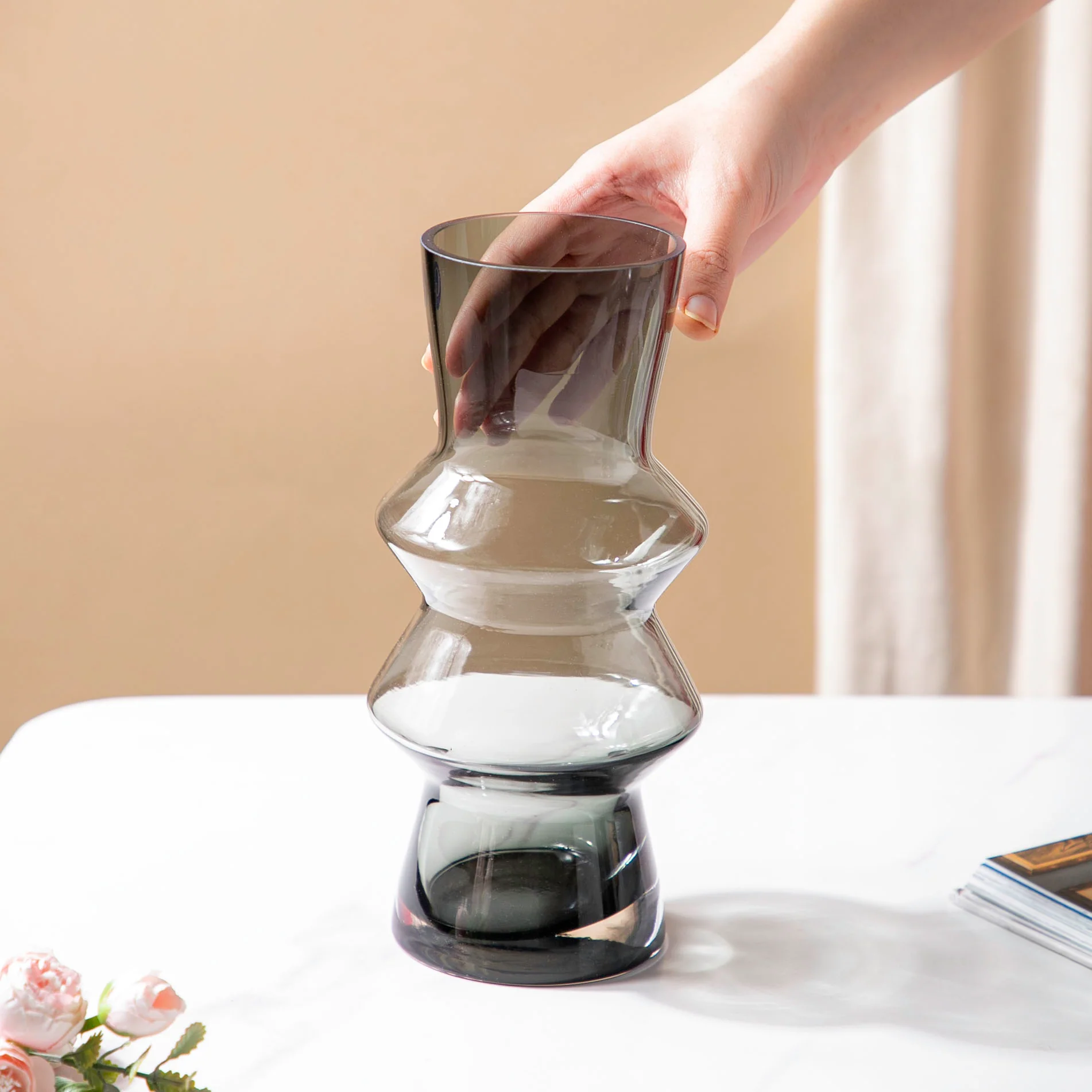 Modern Glass Flower Vase Grey Small - Image 2