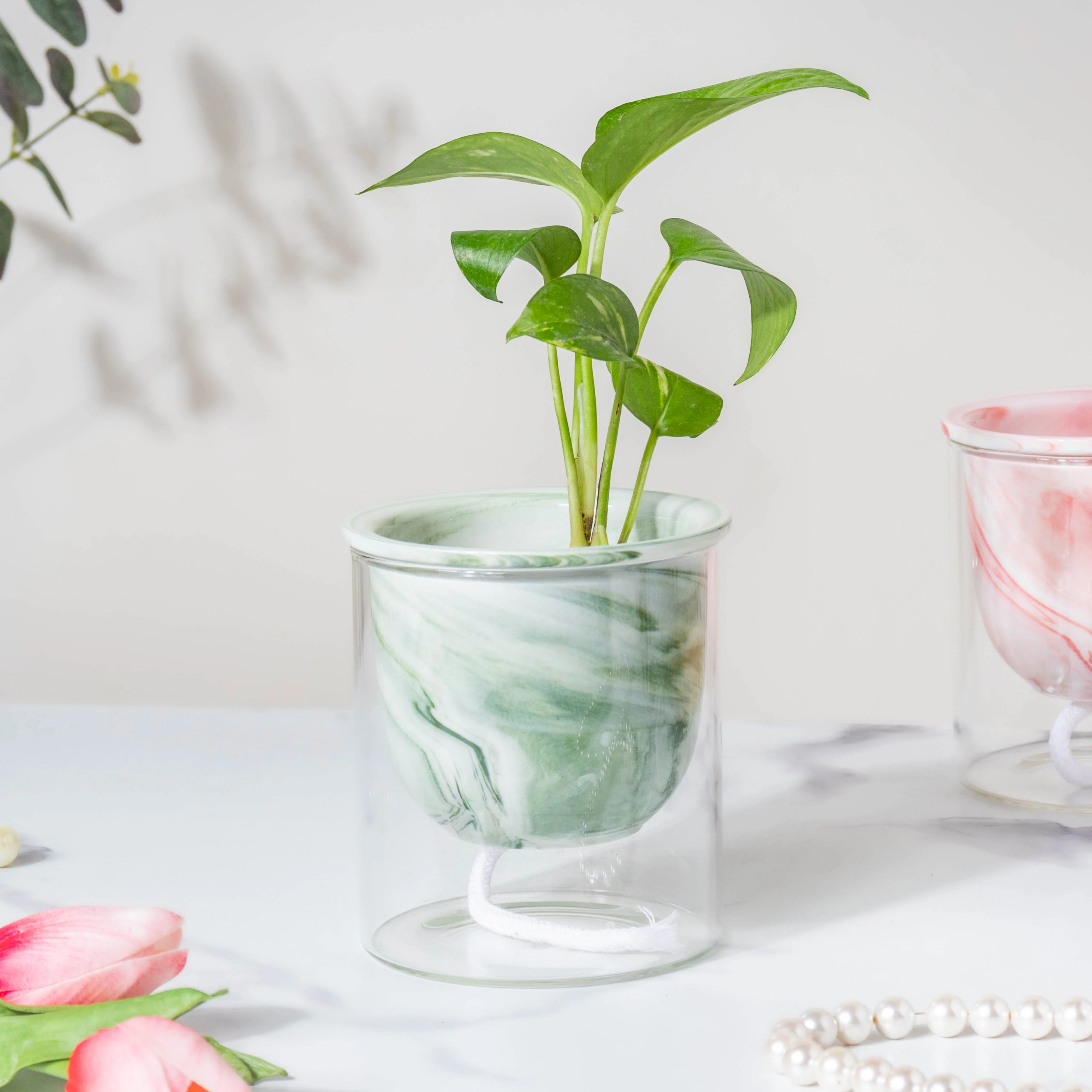Modern Green Ceramic Planter With Glass Stand