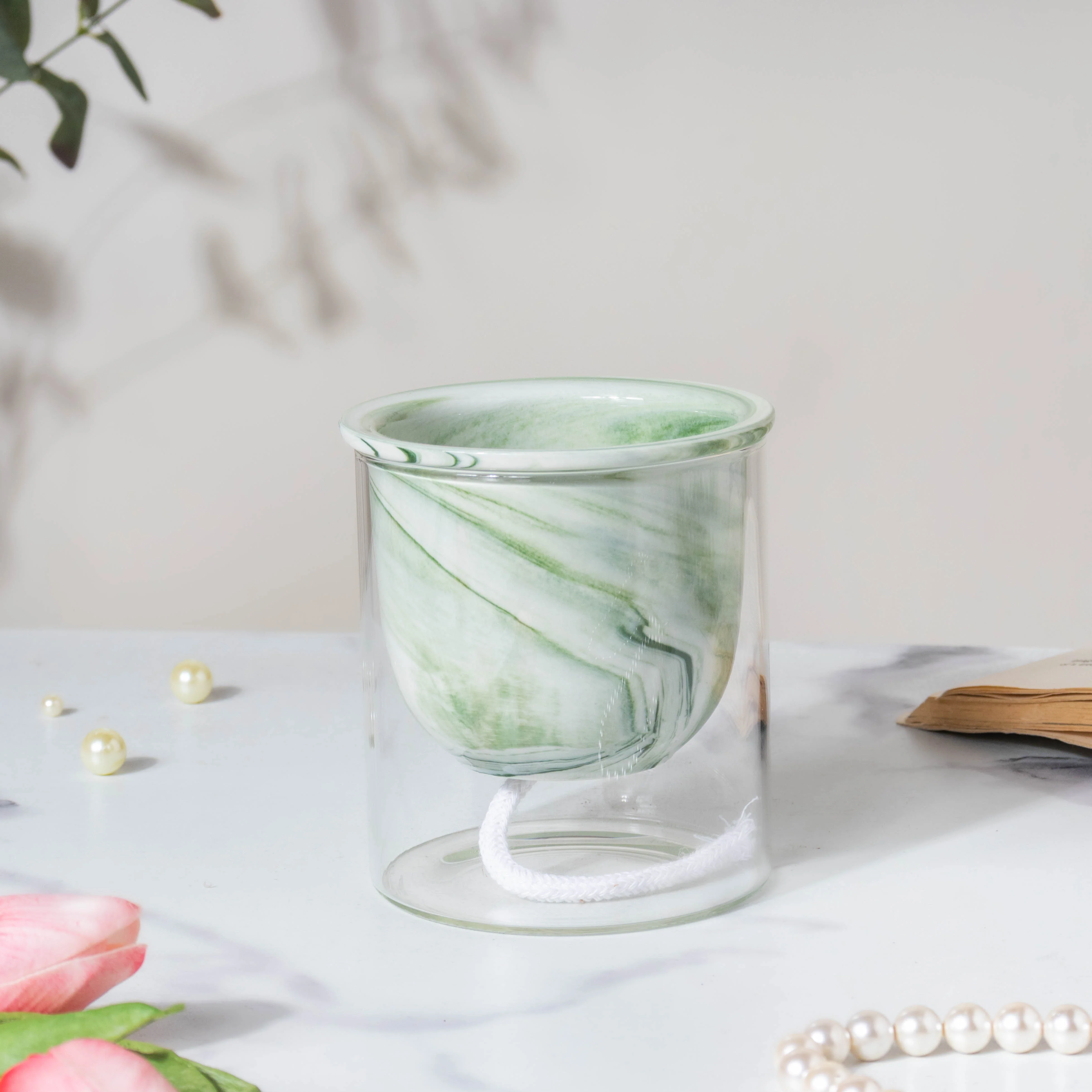 Modern Green Ceramic Planter With Glass Stand - Image 3