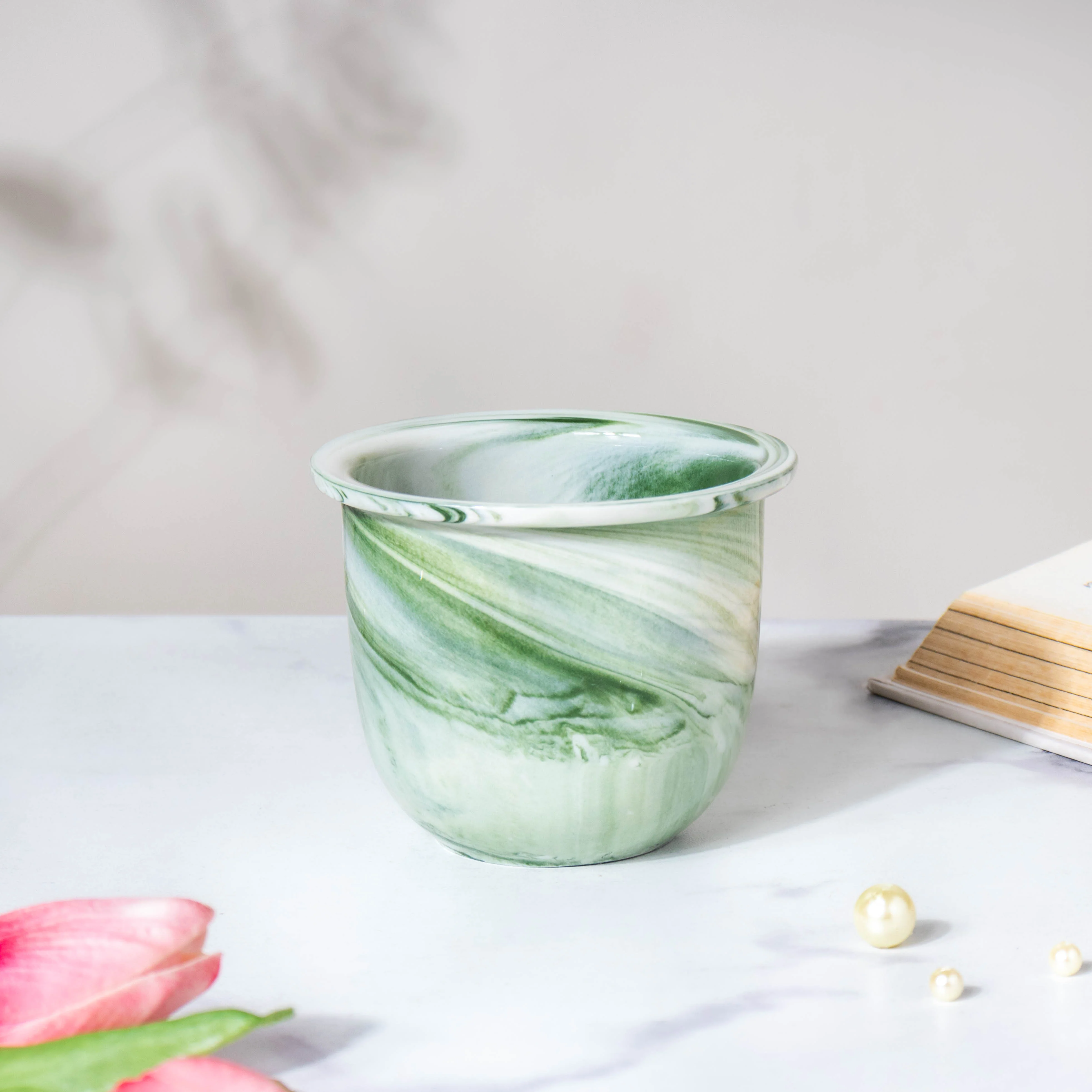 Modern Green Ceramic Planter With Glass Stand - Image 4