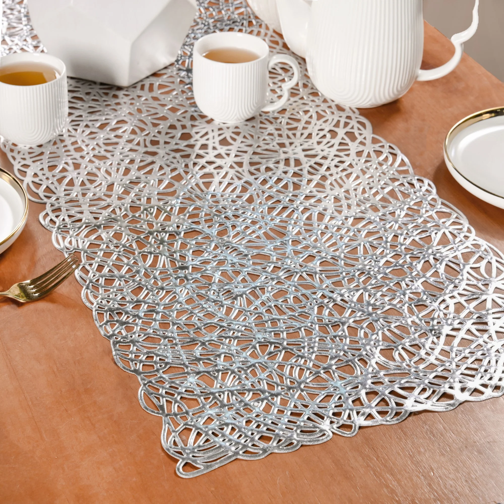 Modern Laser Cut Style Silver Table Runner Silver 92x35cm - Image 2