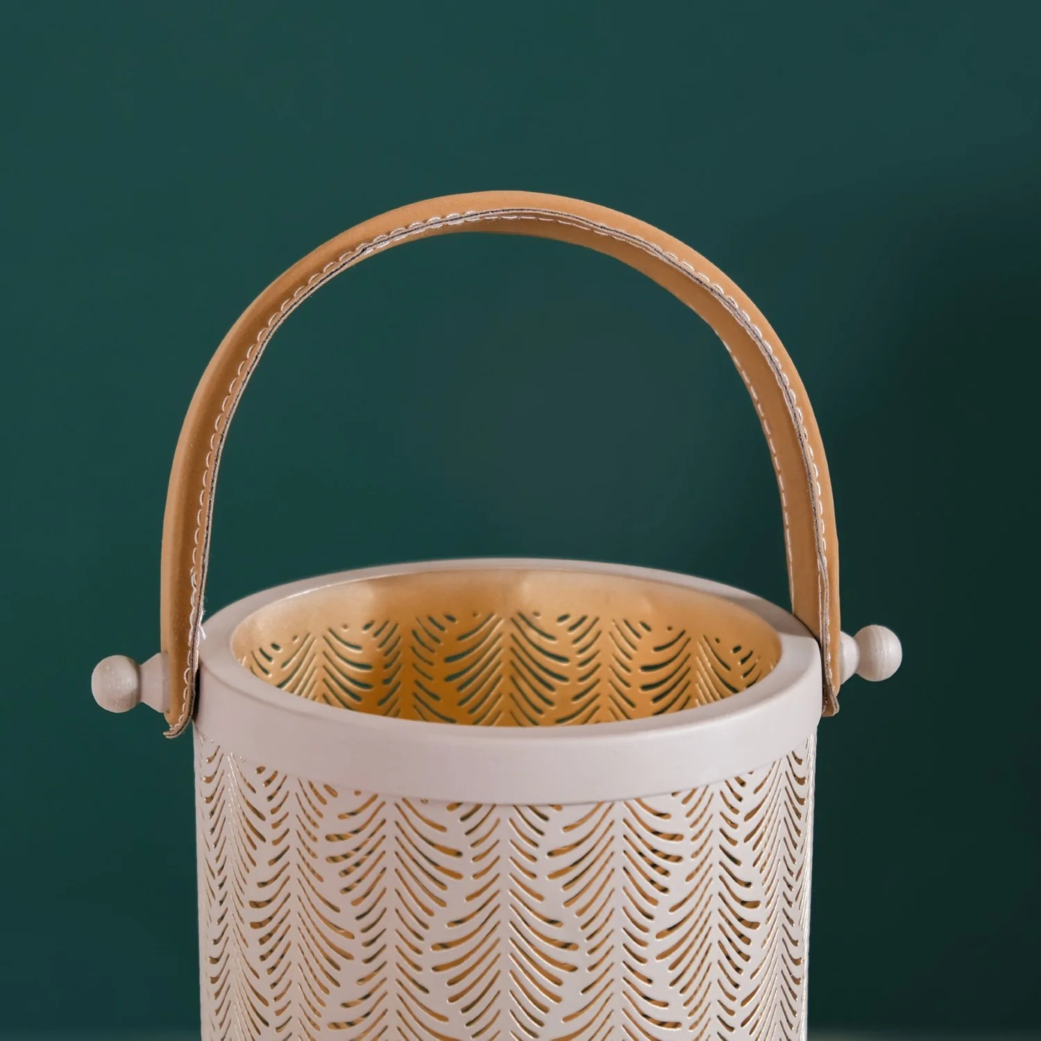 Modern Matte Beige Leaf Cutwork Metal Lantern Set Of 2 - Image 14