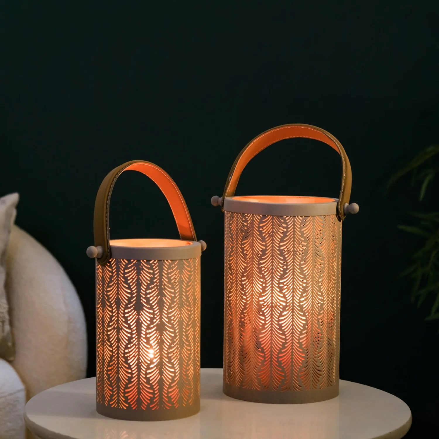 Modern Matte Beige Leaf Cutwork Metal Lantern Set Of 2 - Image 3