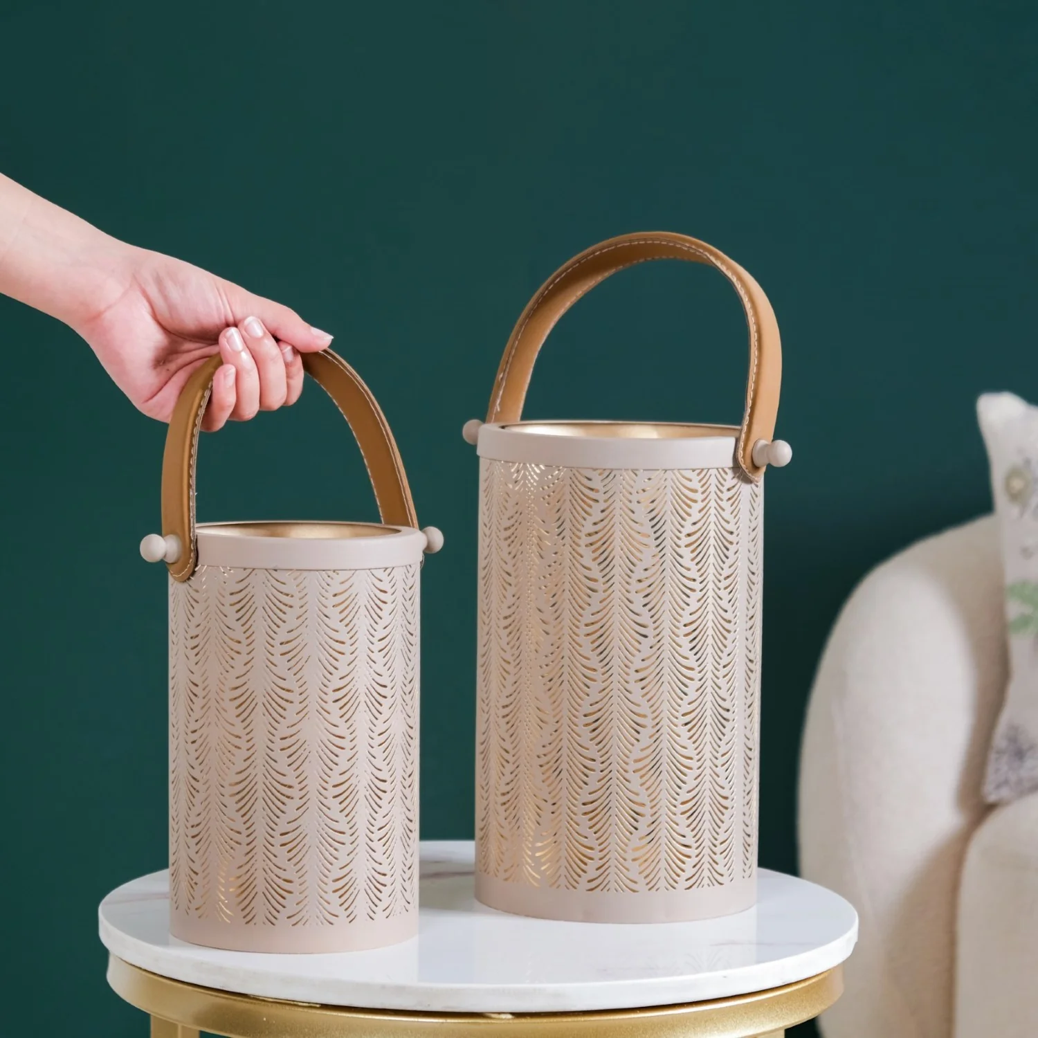 Modern Matte Beige Leaf Cutwork Metal Lantern Set Of 2 - Image 4