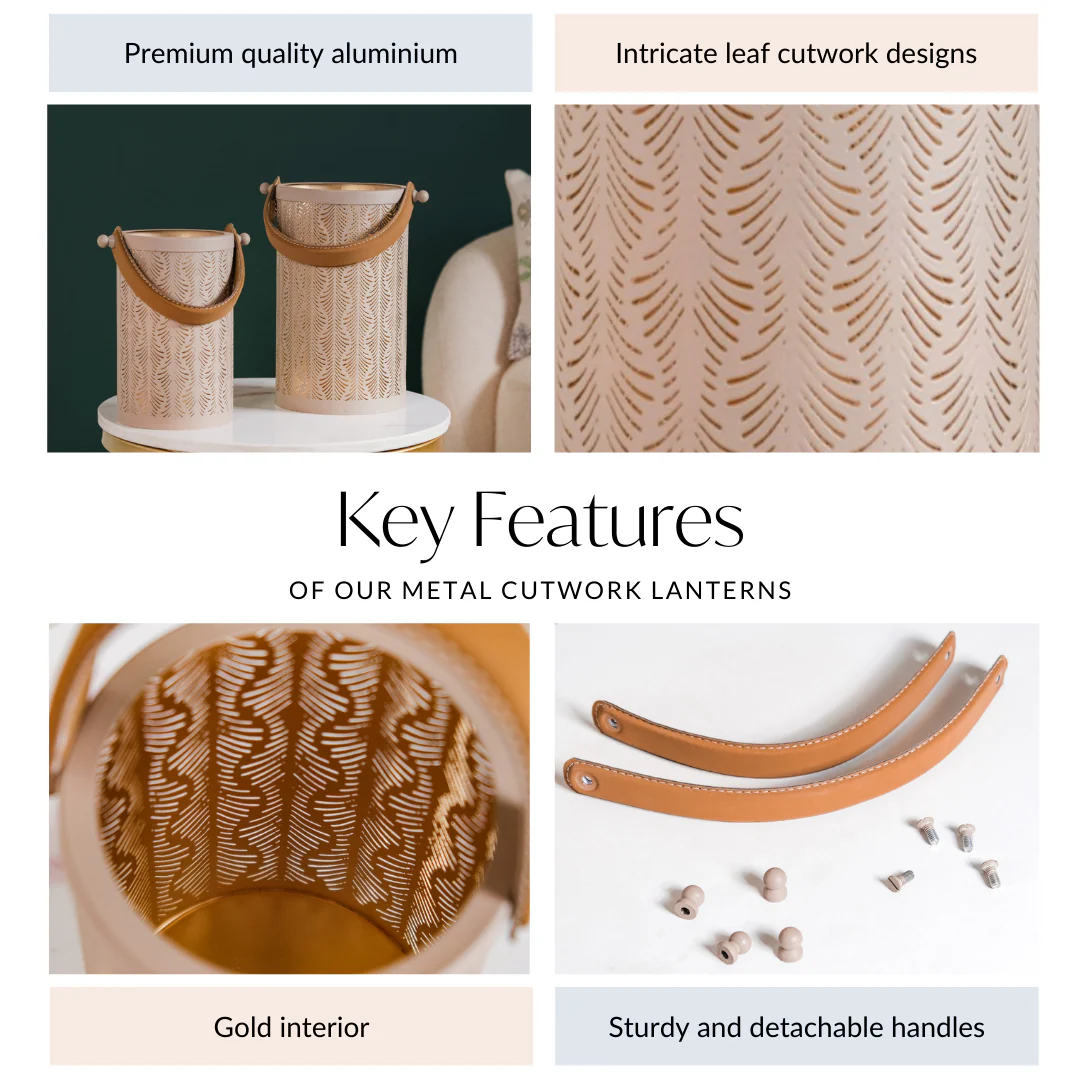 Modern Matte Beige Leaf Cutwork Metal Lantern Set Of 2 - Image 6