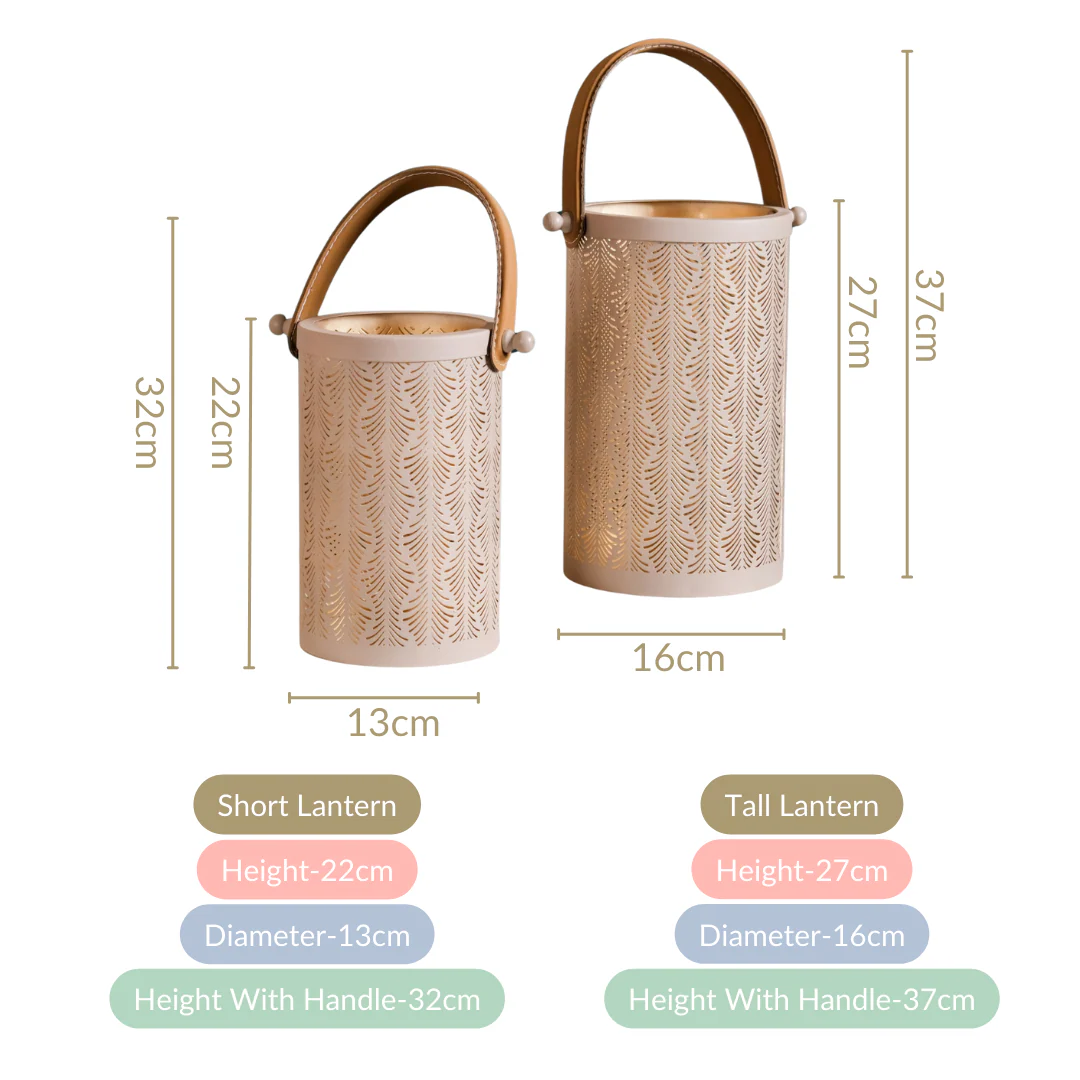 Modern Matte Beige Leaf Cutwork Metal Lantern Set Of 2 - Image 8