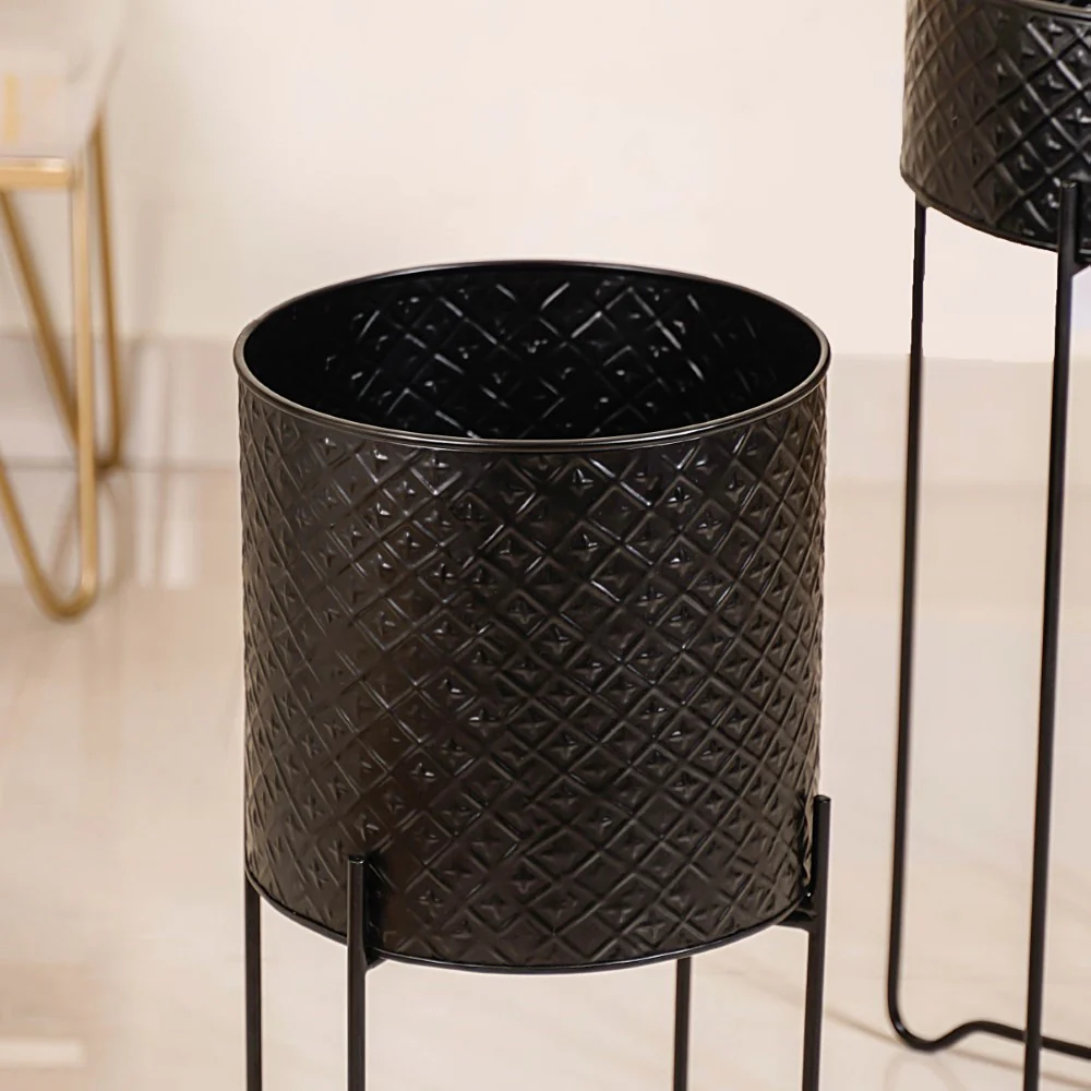 Modern Metal Floor Planter With Stand Black Set Of 2 - Image 6