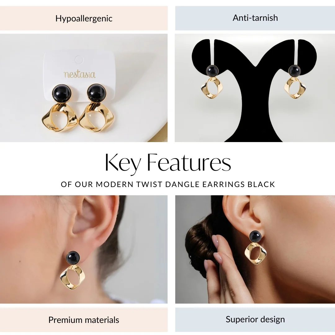 Modern Twist Dangle Earrings Black - Image 4