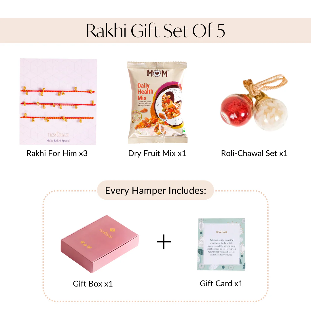 Moli Rakhi Gift Set Of 5 With Box Roli Chawal Dry Fruits And Card - Image 6