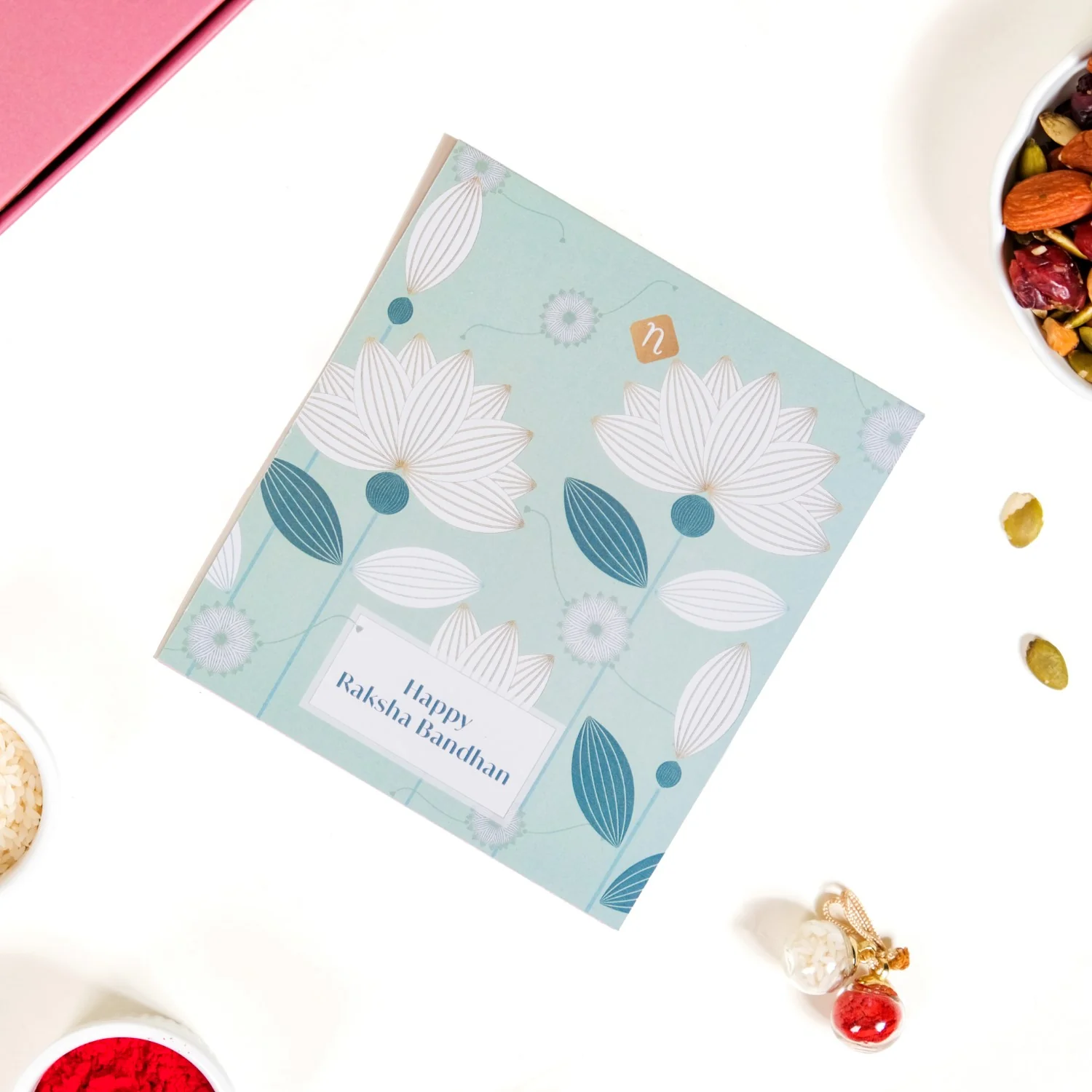 Moli Rakhi Gift Set Of 5 With Box Roli Chawal Dry Fruits And Card - Image 8