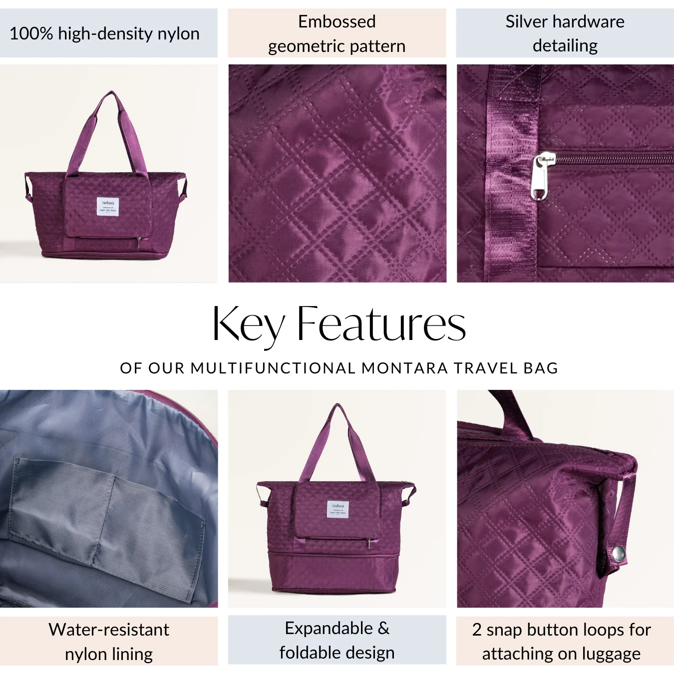 Montara Chic Foldable Expandable Travel Bag Wine Magenta - Image 5