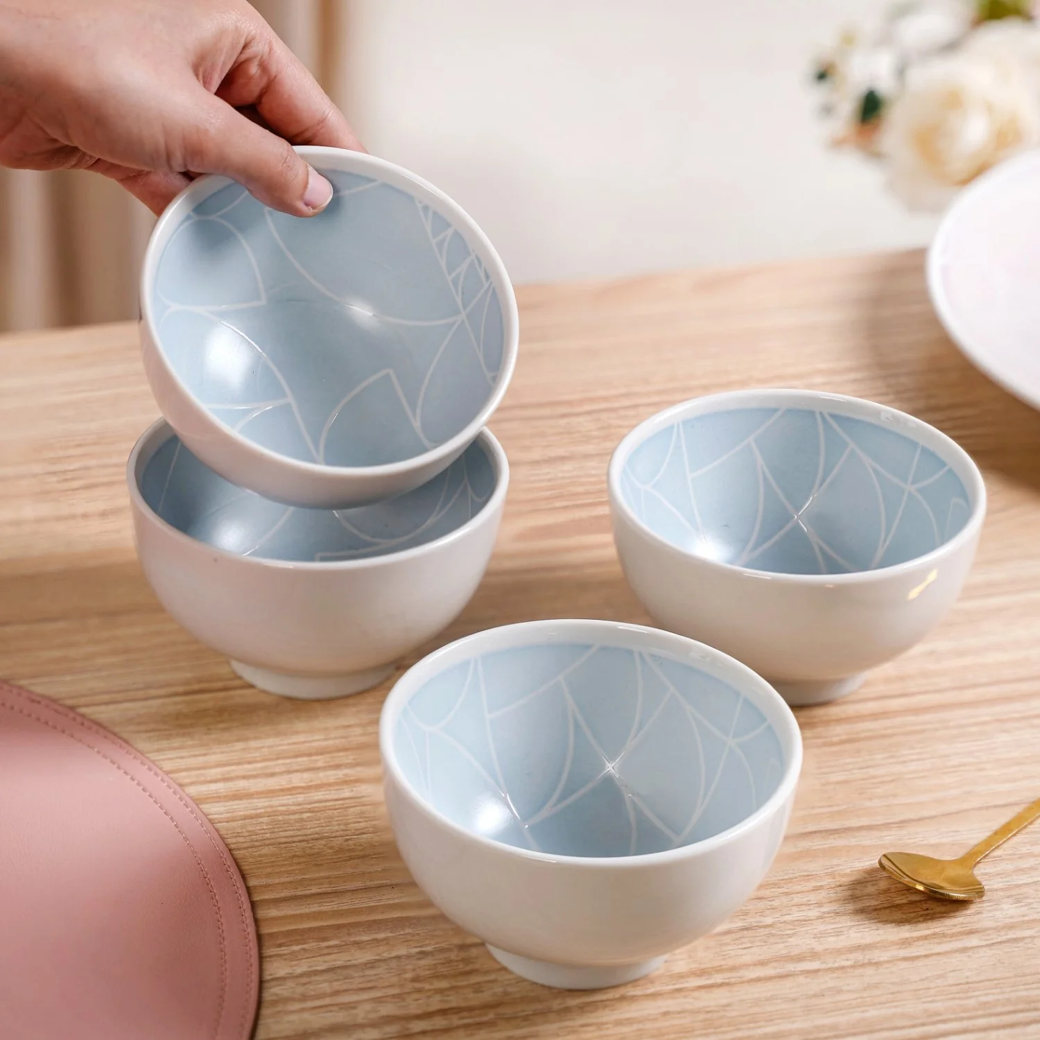 Monvia Art Deco Printed Snack Bowl Set Of 4 Blue 325ml - Image 3