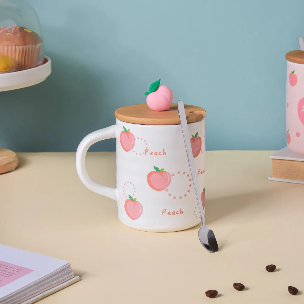 Morning Tea Mug Peach Patterned With Lid And Spoon 350 ml - Image 3
