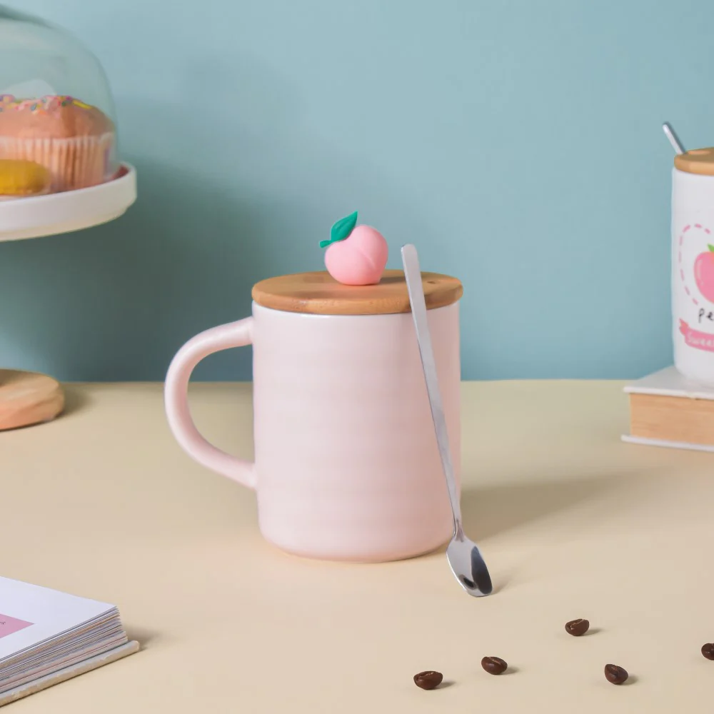 Morning Tea Mug Sweet Peach With Lid And Spoon Pink 350 ml - Image 6