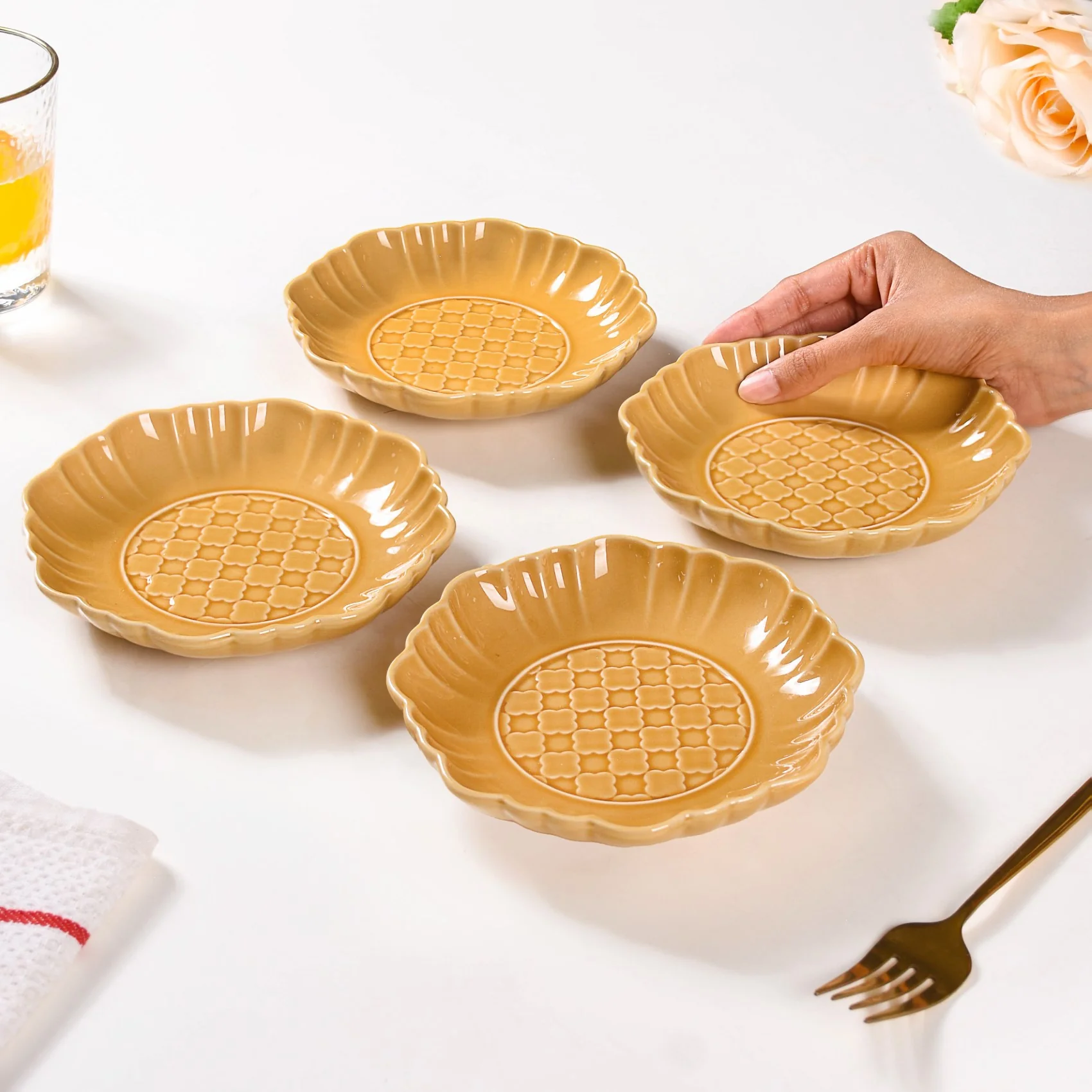 Moroccan Motif Dessert Plate Set Of 4 Yellow Ochre 6 Inch - Image 2