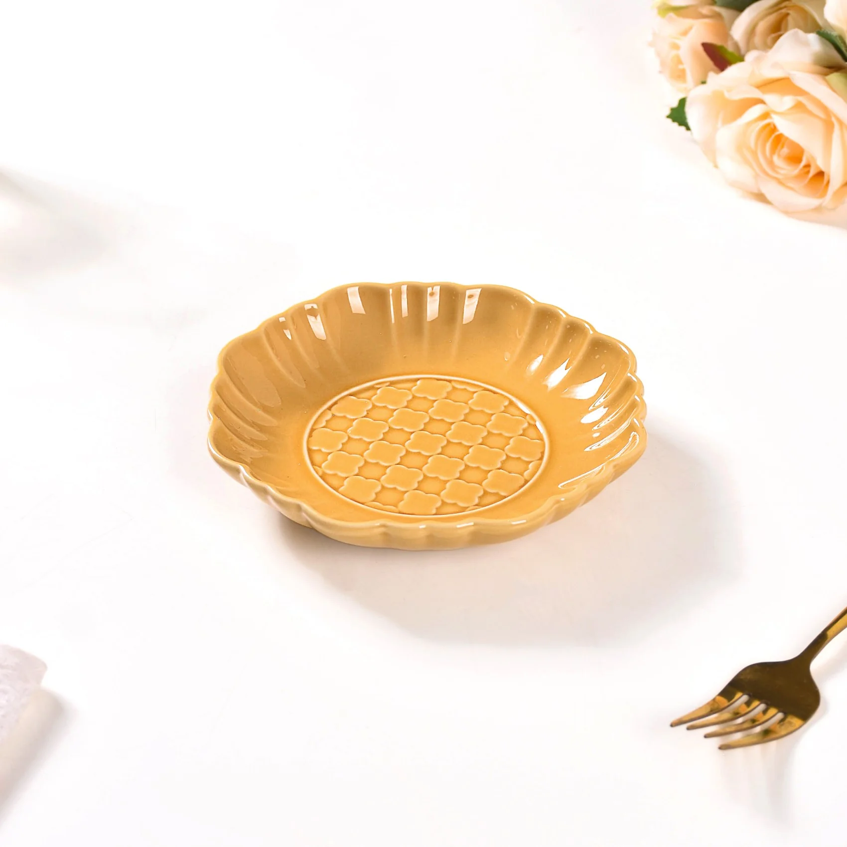 Moroccan Motif Dessert Plate Set Of 4 Yellow Ochre 6 Inch - Image 9