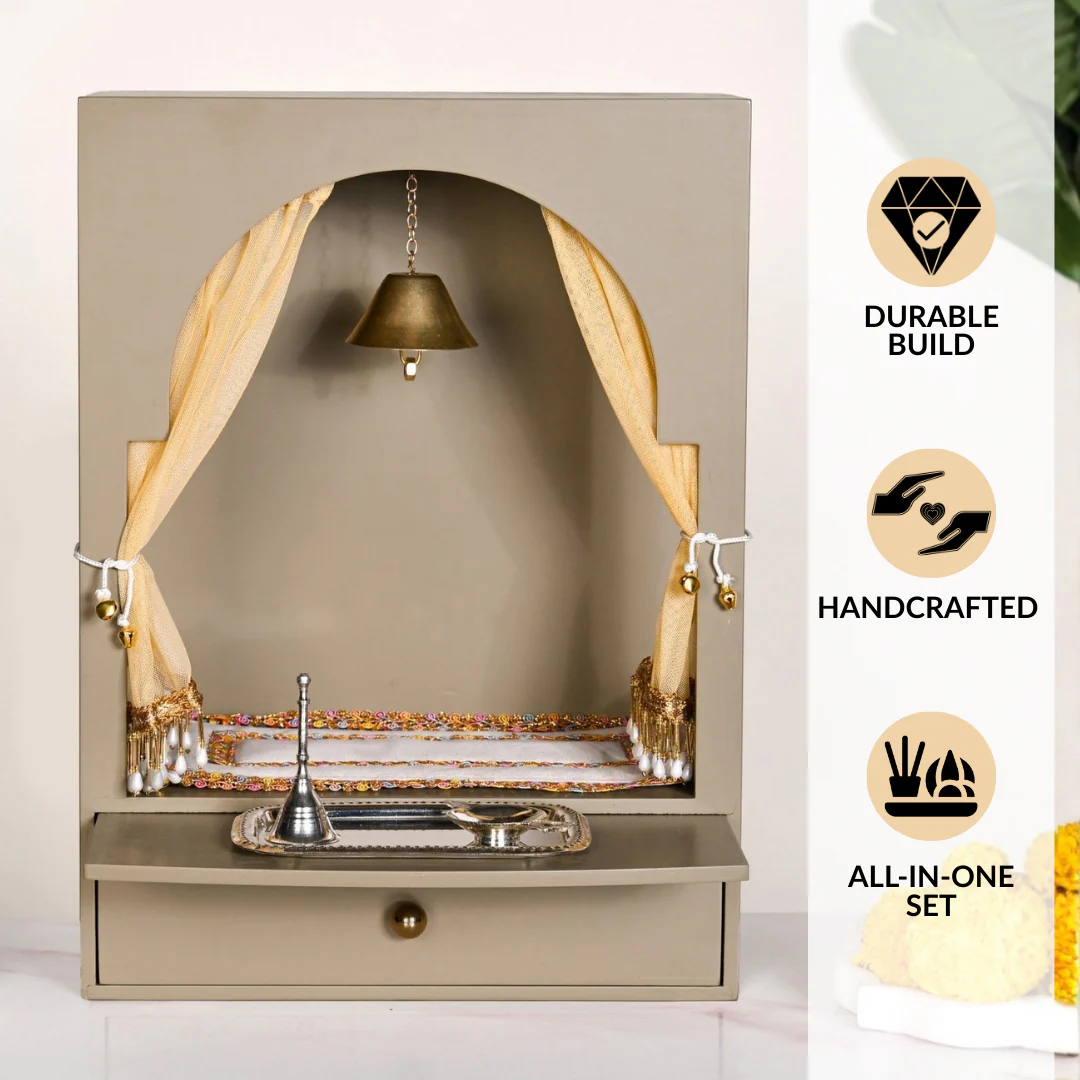 Mountable Mandir Medium With Bell Aasan Ghanti Diya Curtain And Puja Thali - Image 2