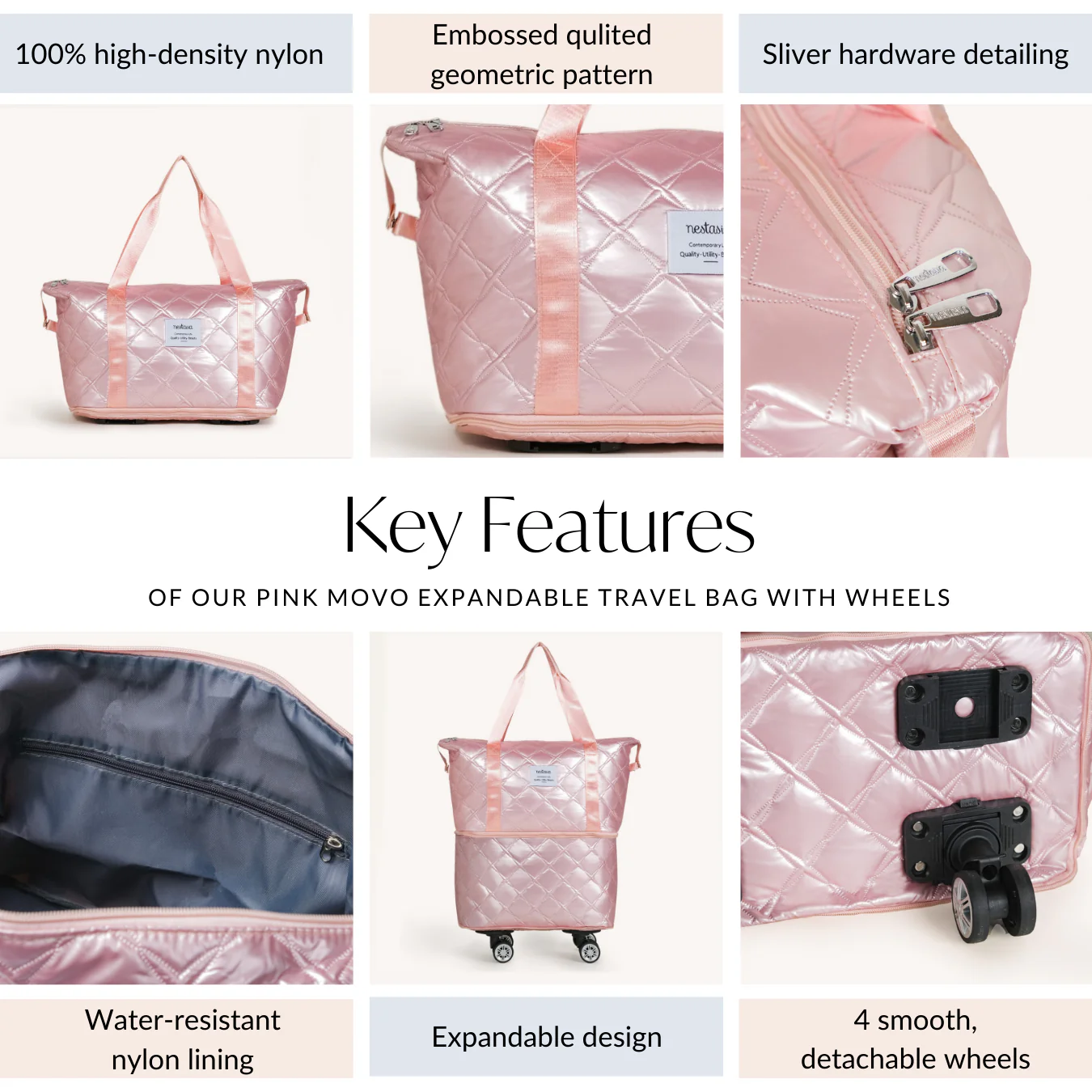 Movo Adjustable Travel Bag With Detachable Wheels Pearl Pink - Image 5