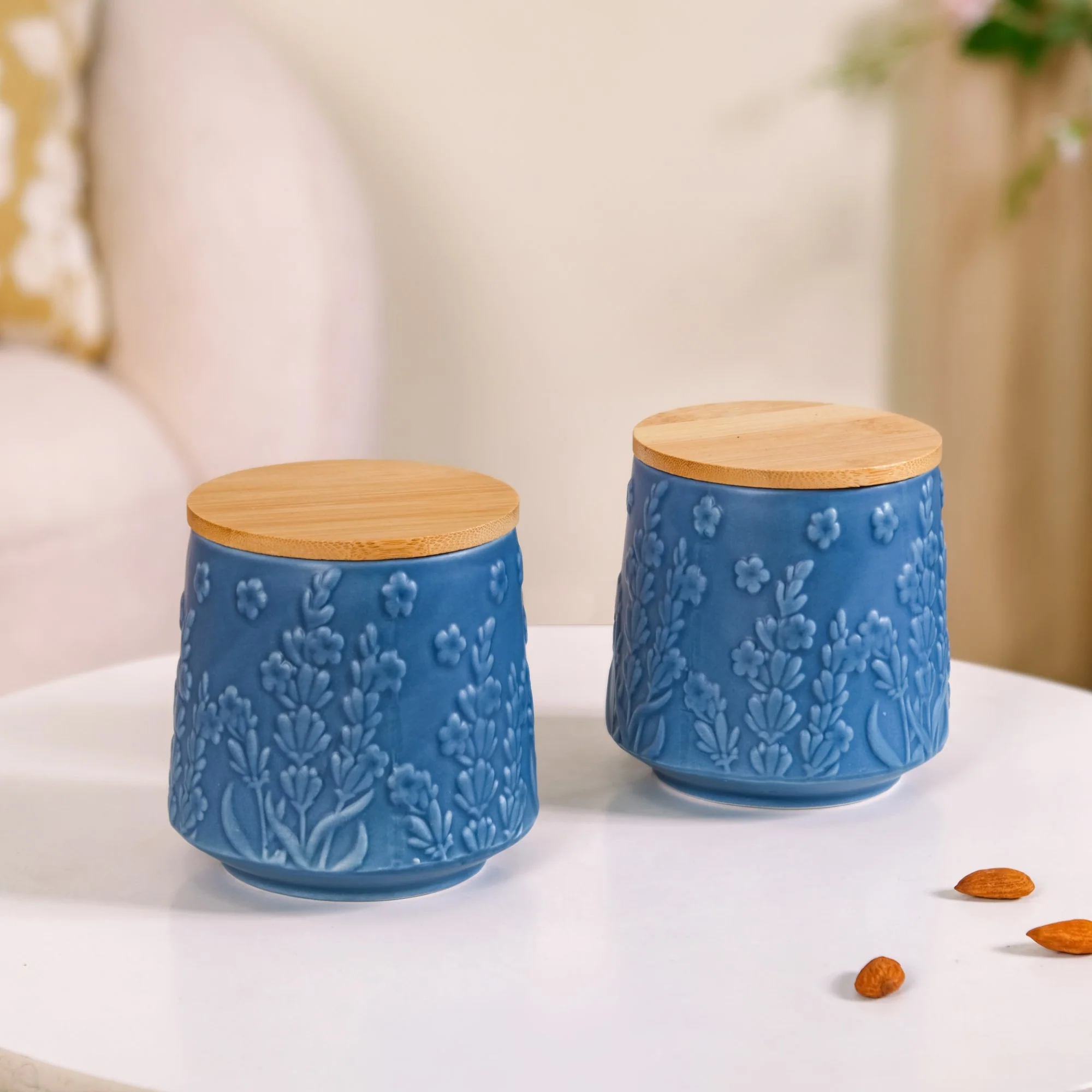 Multipurpose Floral Ceramic Jar Set Of 2 Blue - Image 3