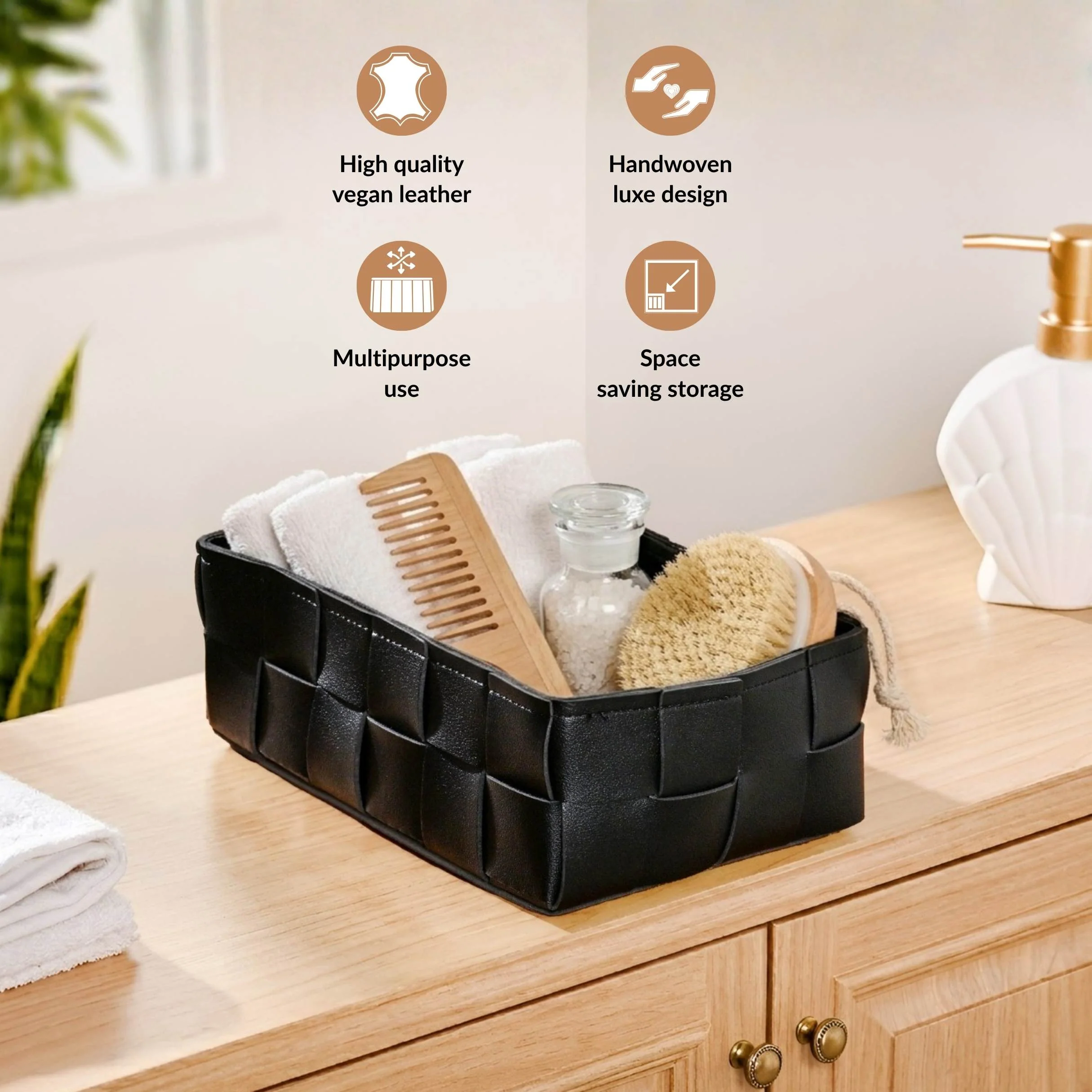 Multipurpose Vegan Leather Basket Black - Image 2
