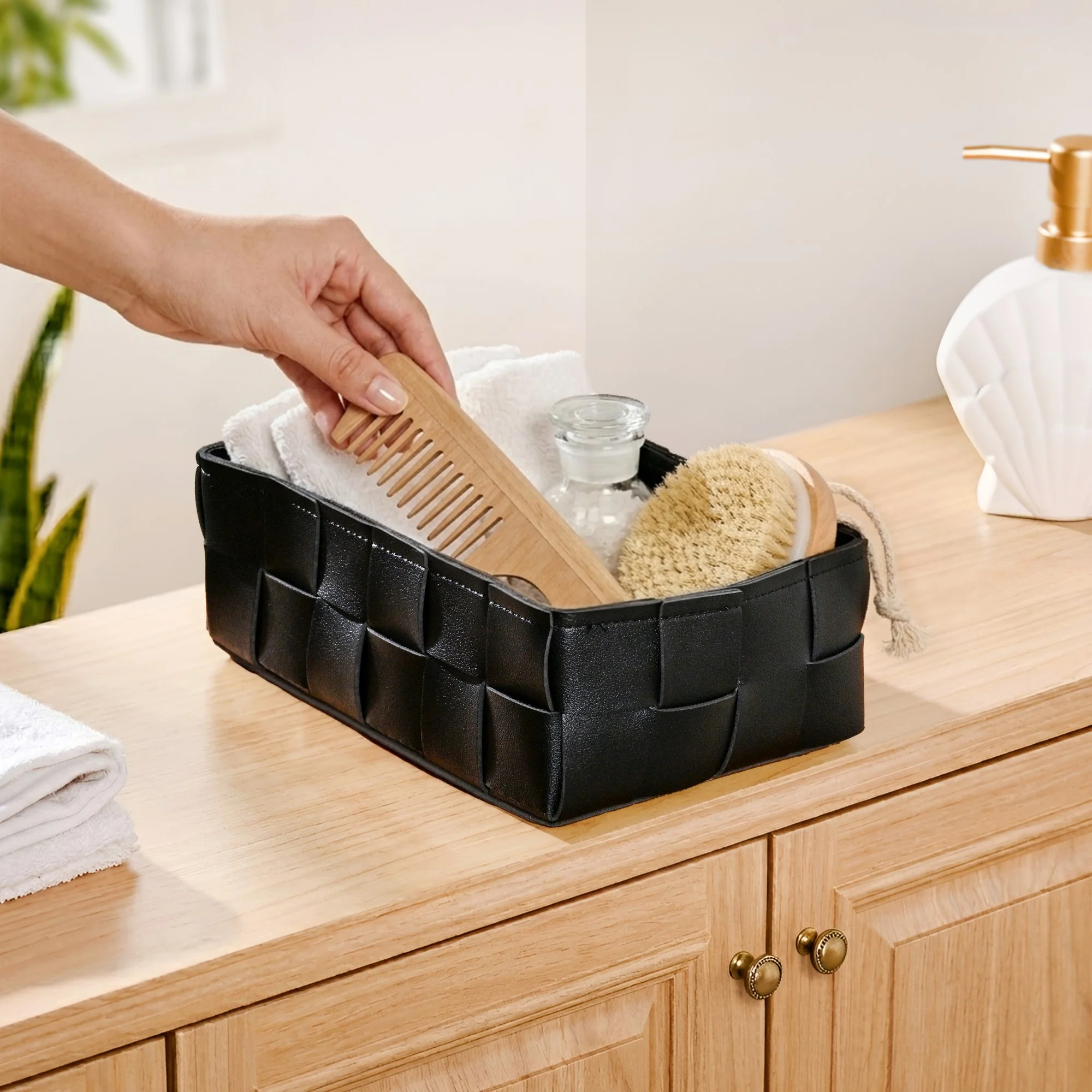 Multipurpose Vegan Leather Basket Black - Image 8