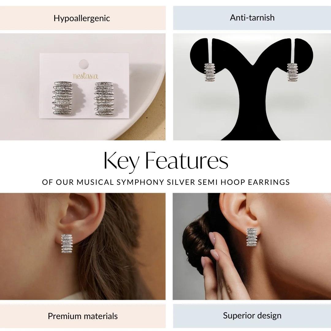 Musical Symphony Silver Semi Hoop Earrings - Image 4
