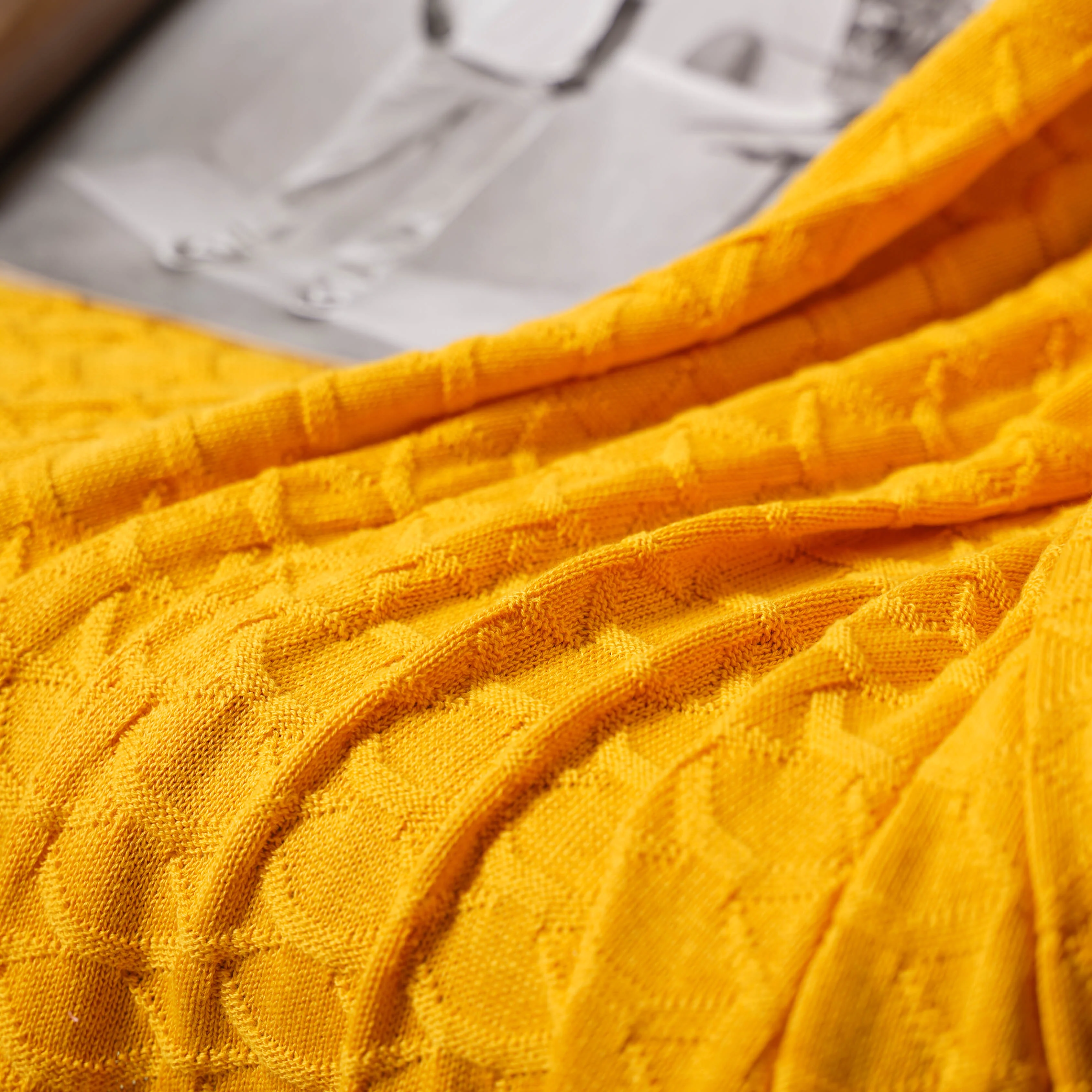Mustard Scallop Knitted Throw - Image 4