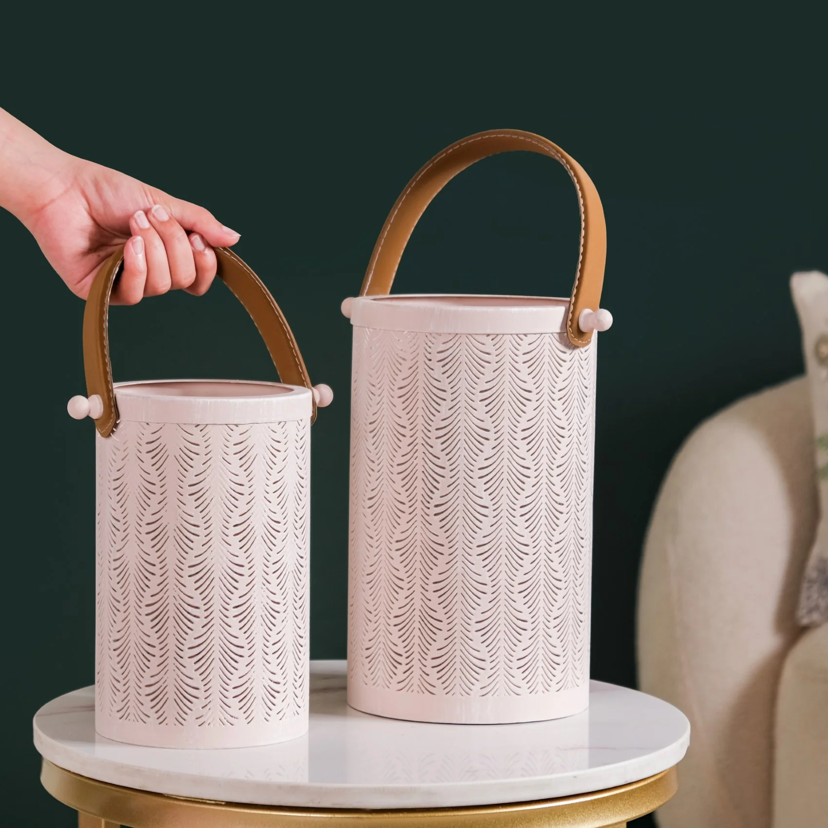 Muted Baby Pink Metal Cutwork Hurricane Lantern Set Of 2 - Image 3