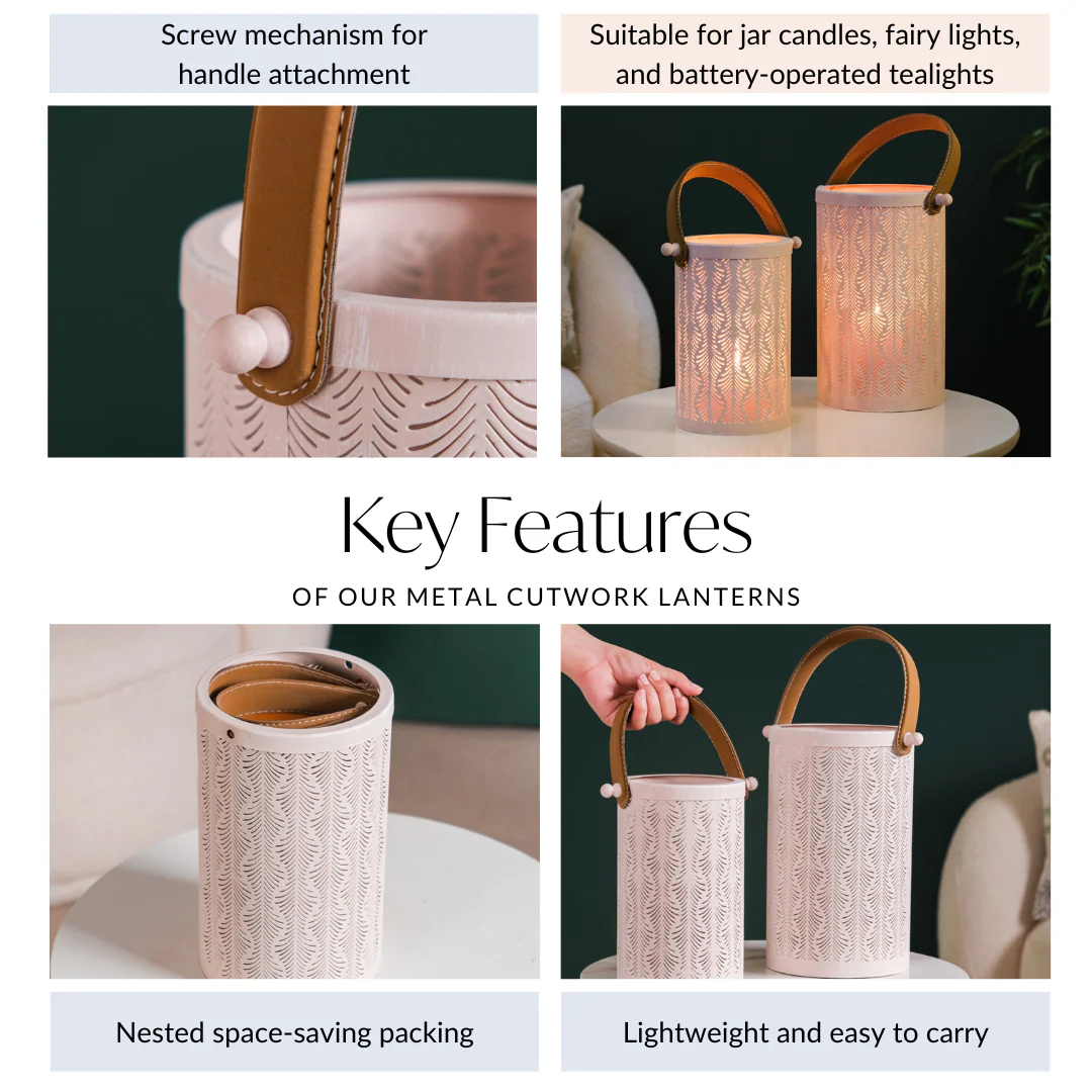 Muted Baby Pink Metal Cutwork Hurricane Lantern Set Of 2 - Image 6