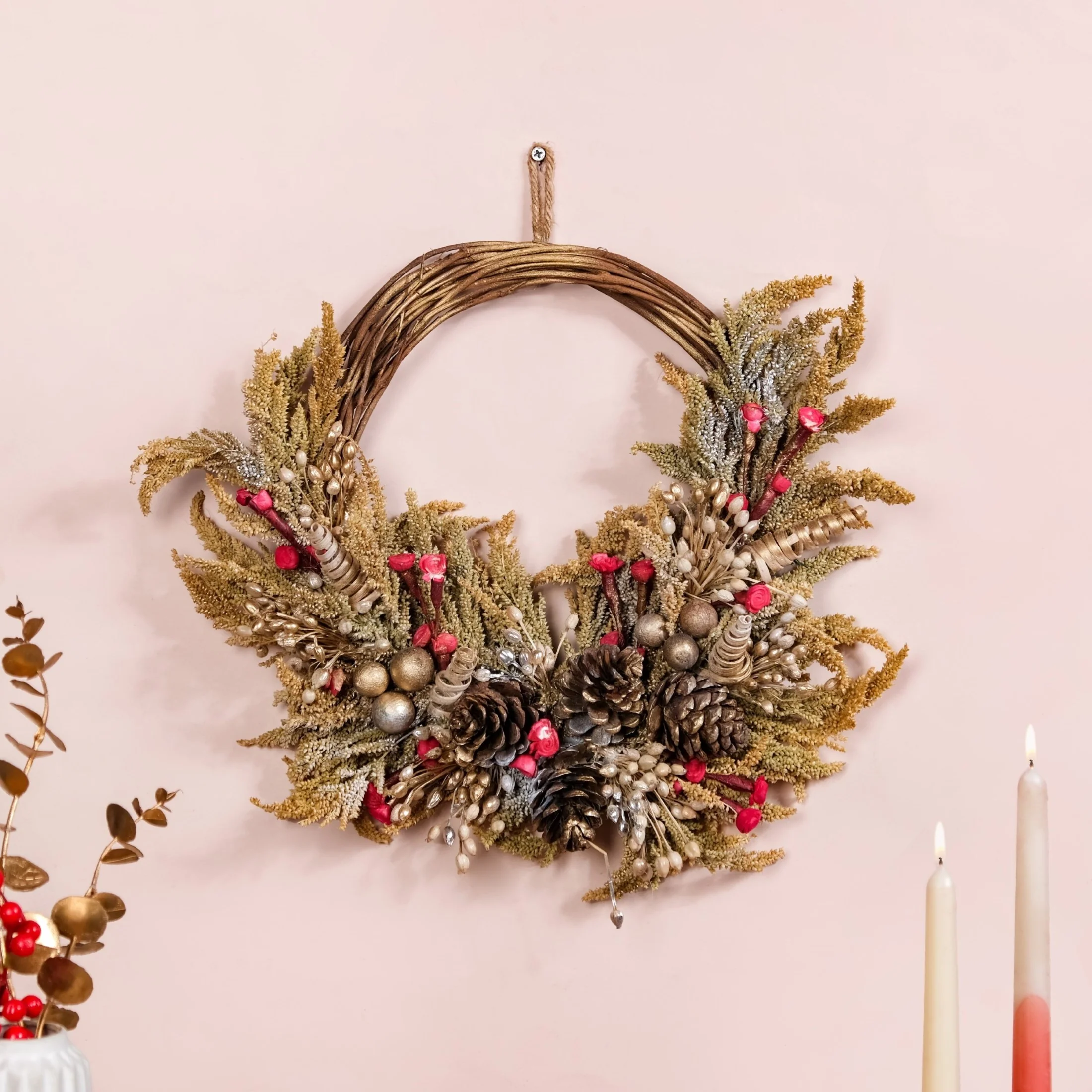 Natural Dried Flowers Rustic Red Wreath