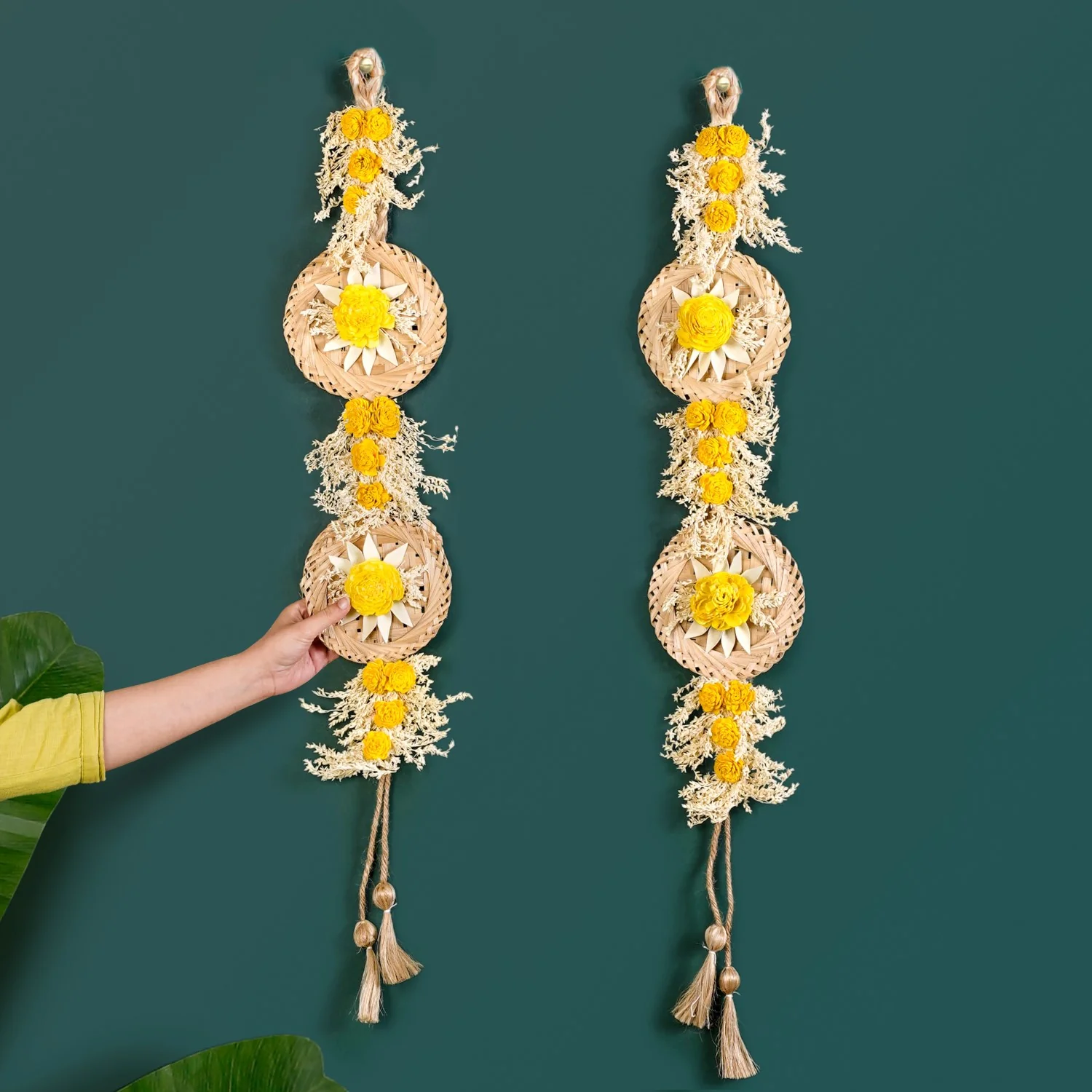 Natural Flower Jute Wall Hanging Yellow Set Of 2 - Image 2