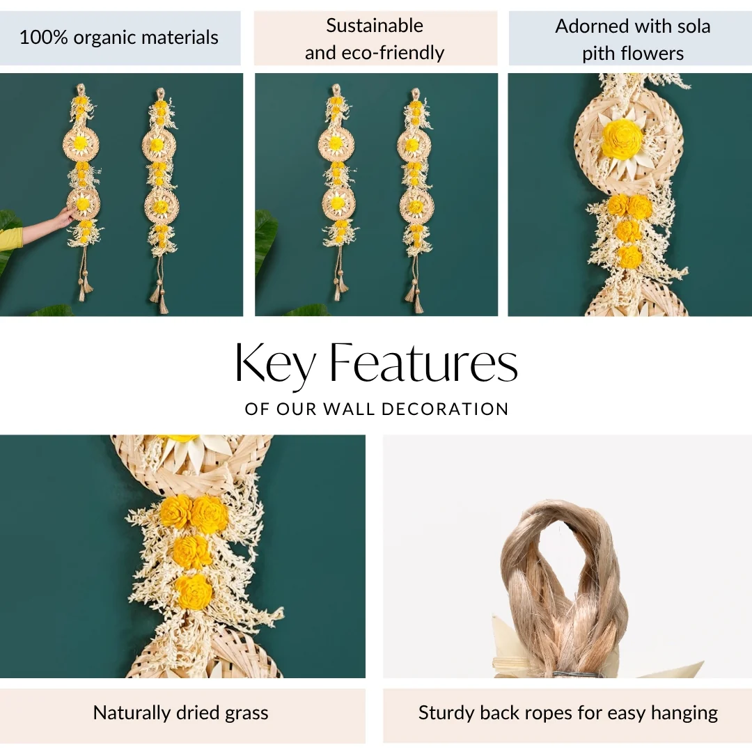 Natural Flower Jute Wall Hanging Yellow Set Of 2 - Image 5