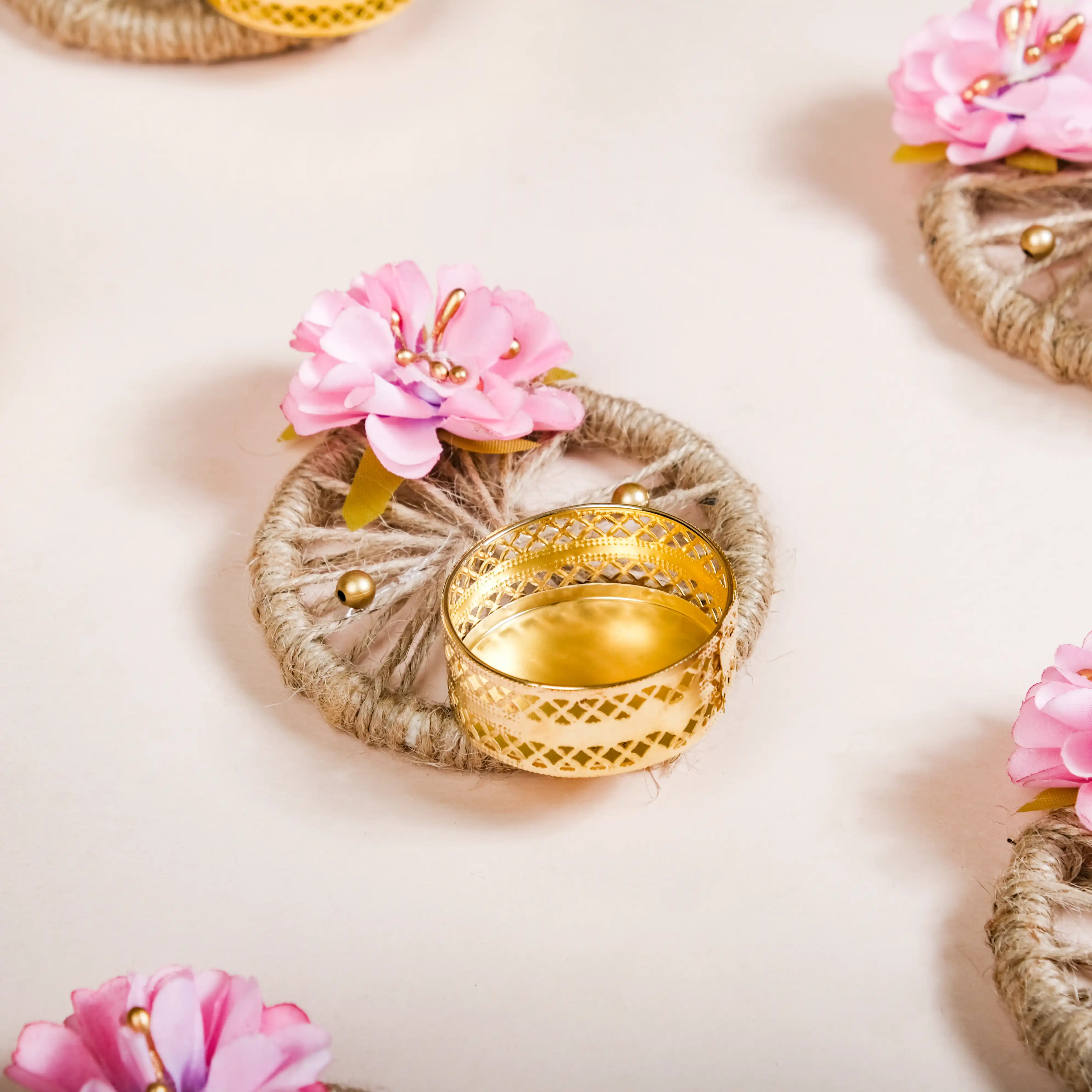 Natural Jute Tealight Holder Set Of 6 Pink - Image 3