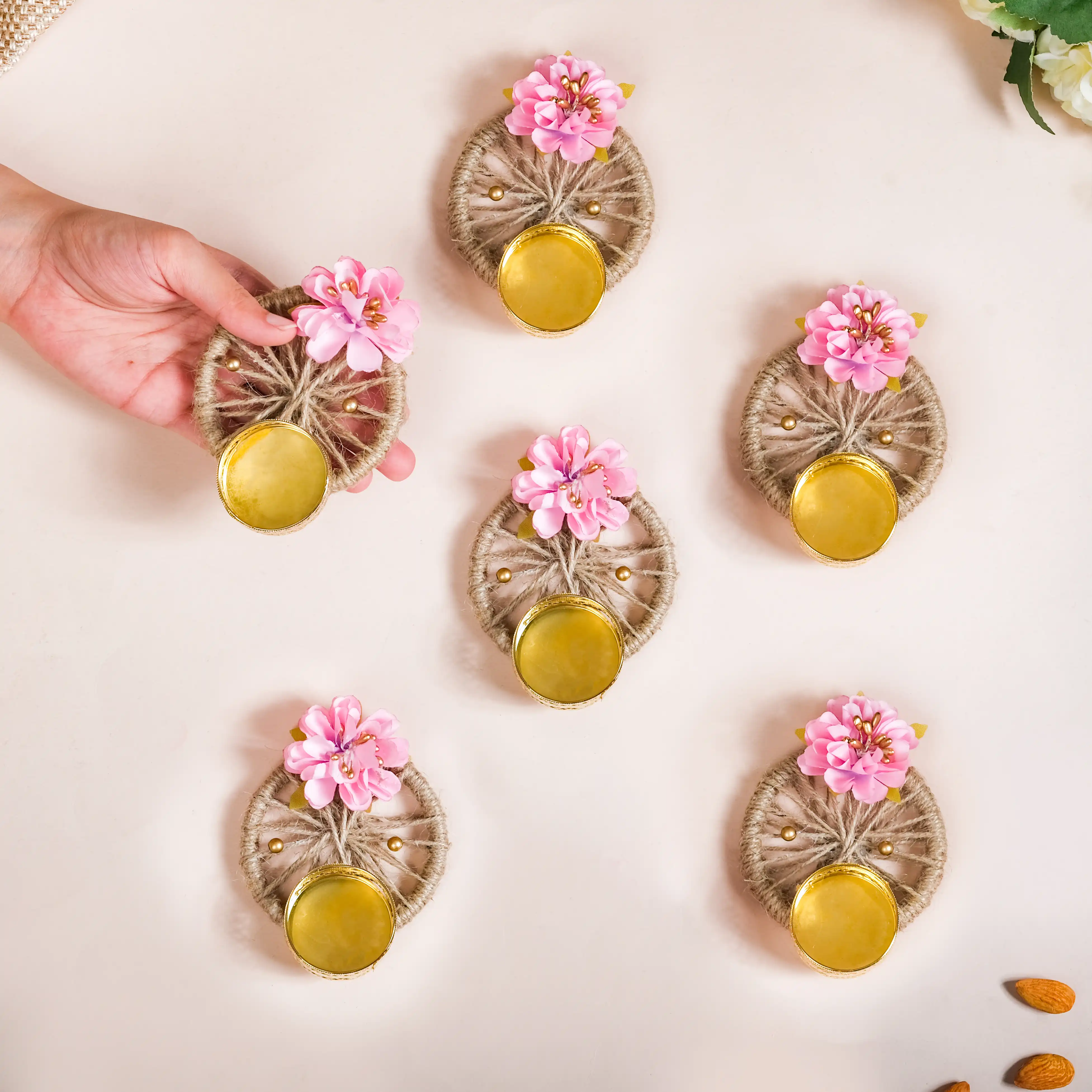 Natural Jute Tealight Holder Set Of 6 Pink - Image 4