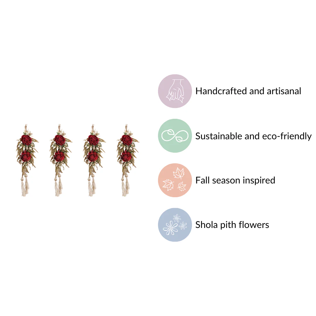 Natural Red Flower Wall Hanging With Tassels Set Of 4 - Image 8