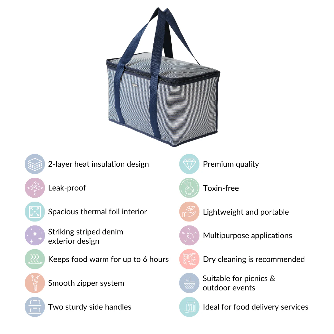 Navy Blue Striped Insulated Food Picnic Bag 30 L - Image 5