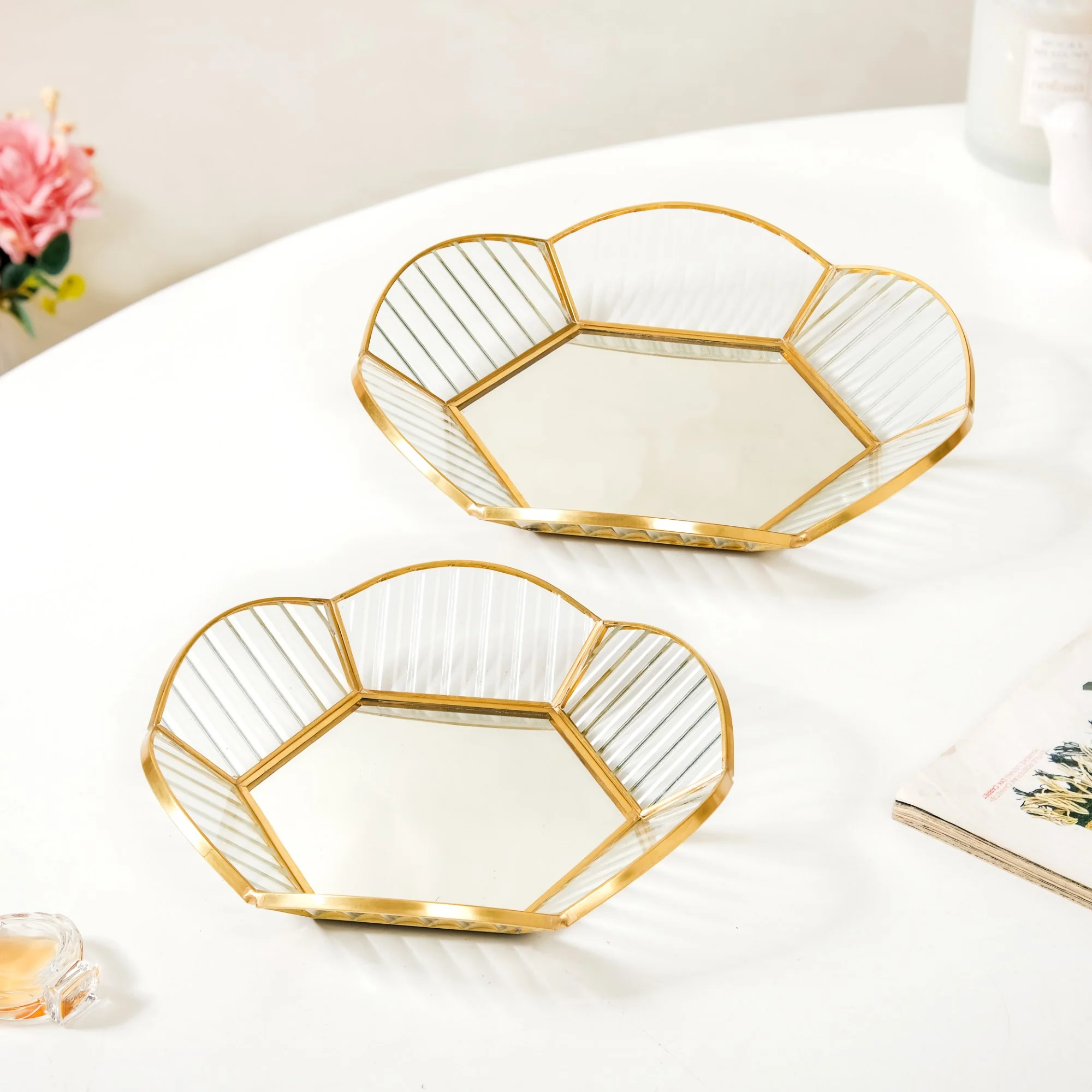 Nested Floral Mirror Vanity Makeup Trays Set Of 2 - Image 2