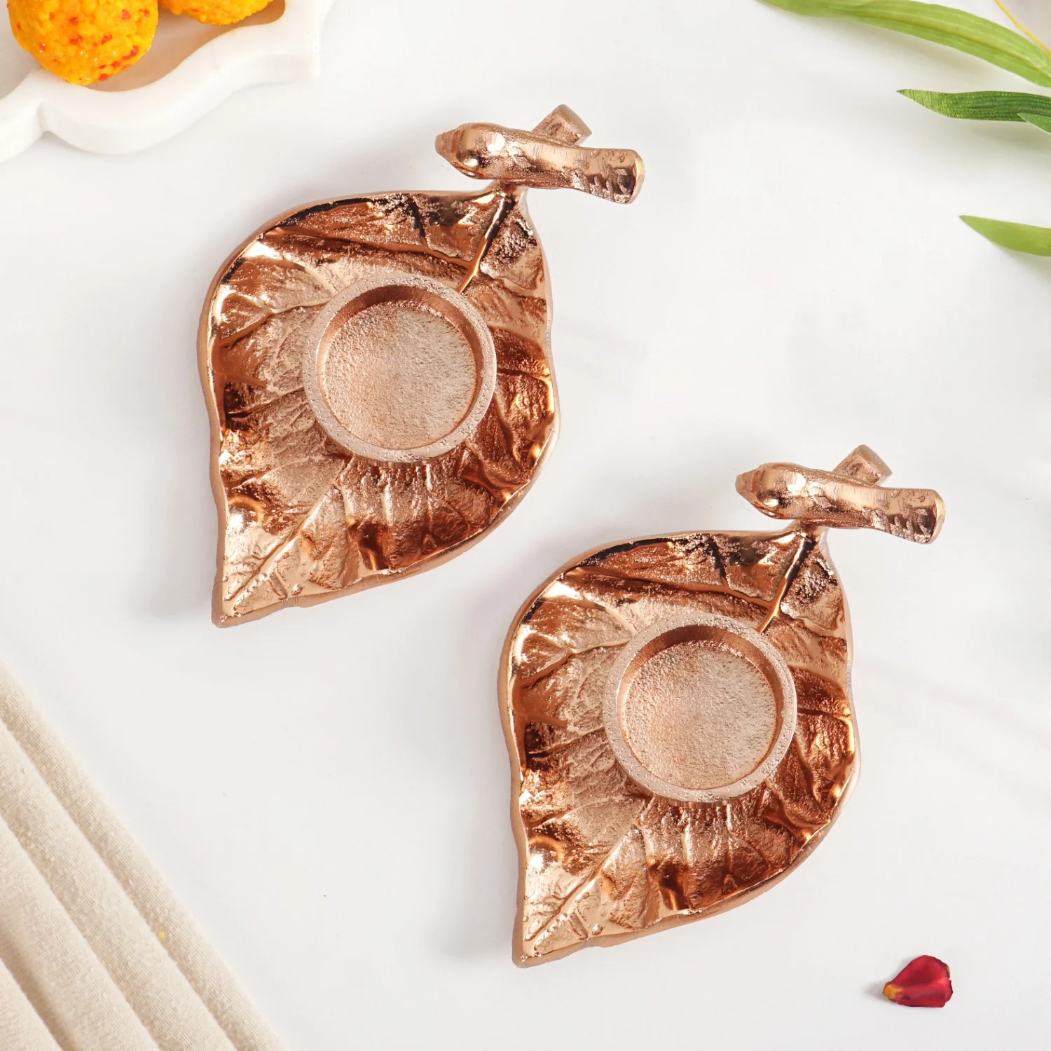 NestGlow Bird Leaf Tealight Candle Holder Set Of 2 Rose Gold - Image 8