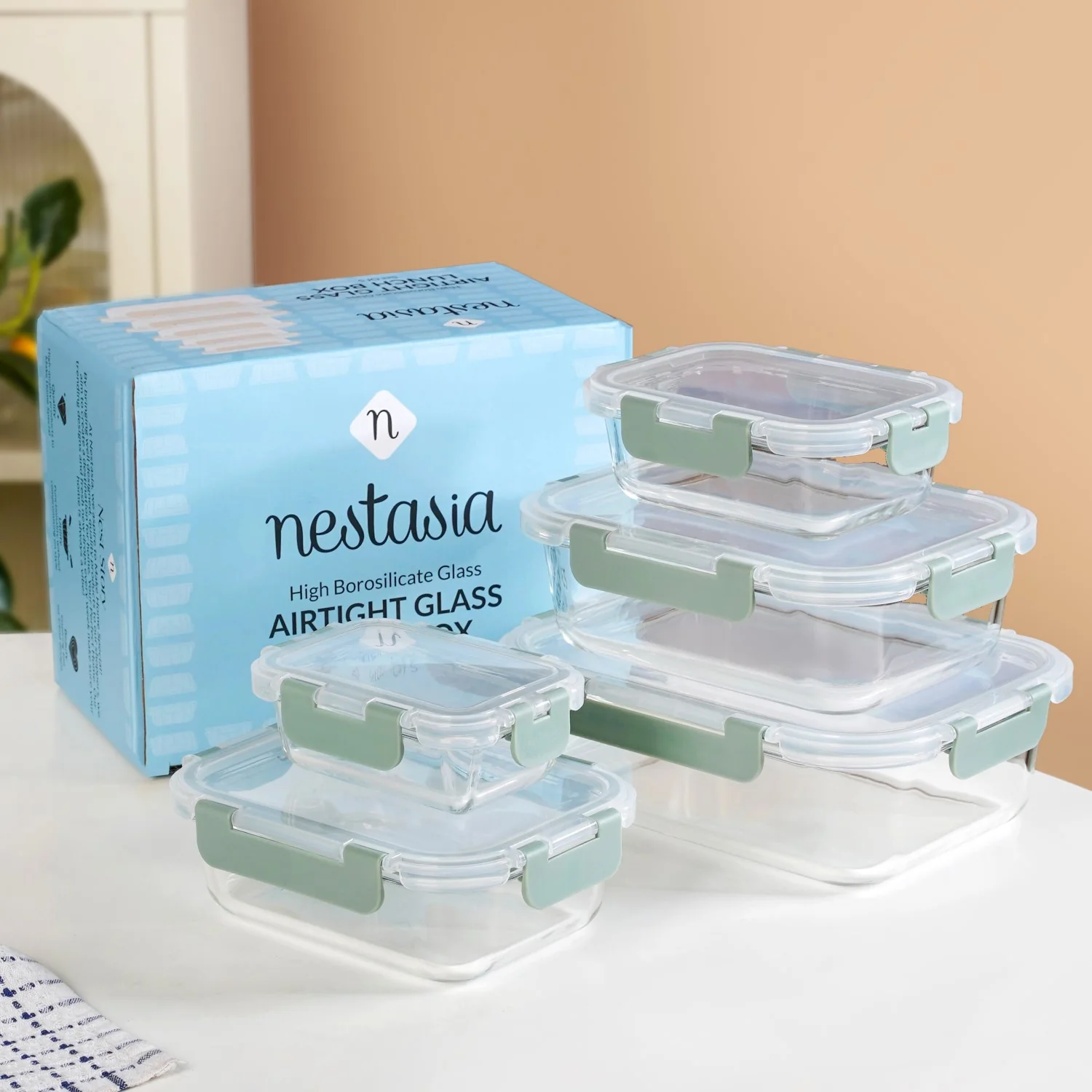 Nestro Airtight Food Storage Box Set Of 5 Green XS 185ml S 370ml M 600ml L 1000ml XL 1500ml - Image 2
