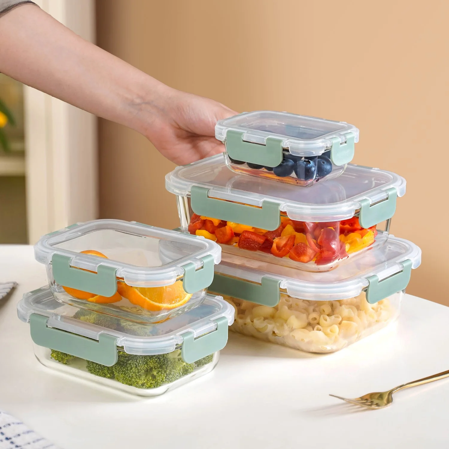 Nestro Airtight Food Storage Box Set Of 5 Green XS 185ml S 370ml M 600ml L 1000ml XL 1500ml - Image 3
