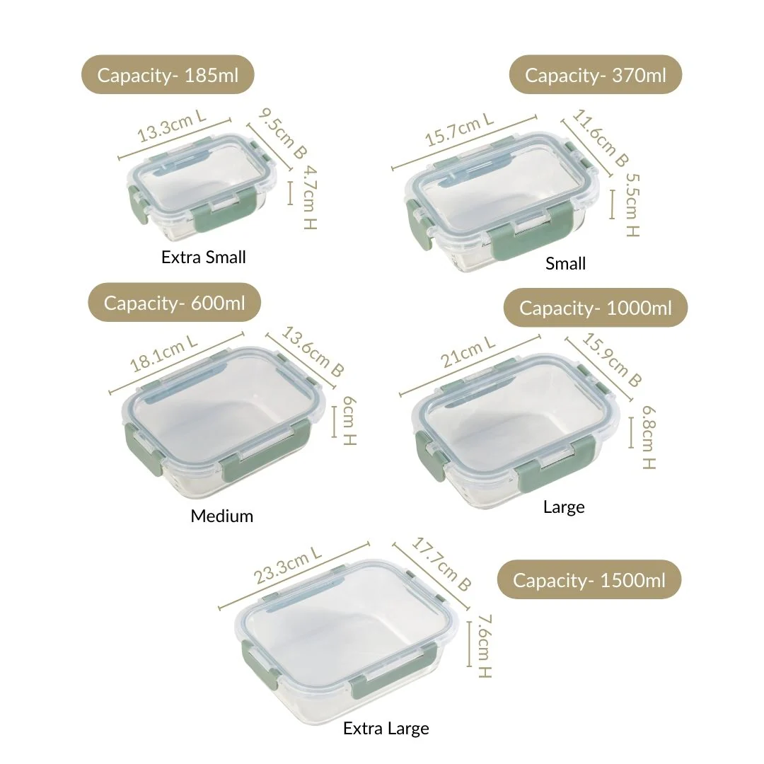 Nestro Airtight Food Storage Box Set Of 5 Green XS 185ml S 370ml M 600ml L 1000ml XL 1500ml - Image 4