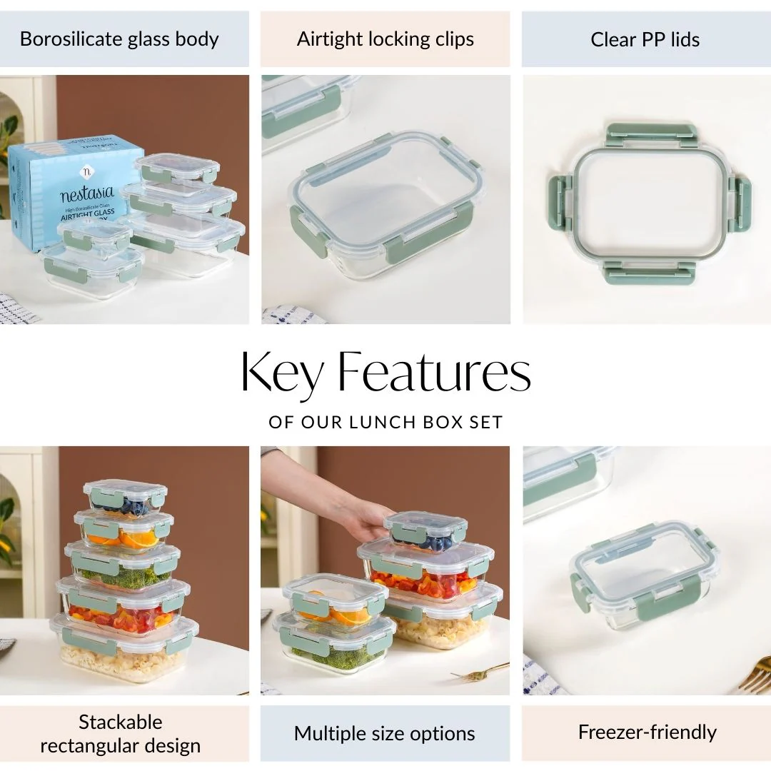 Nestro Airtight Food Storage Box Set Of 5 Green XS 185ml S 370ml M 600ml L 1000ml XL 1500ml - Image 5