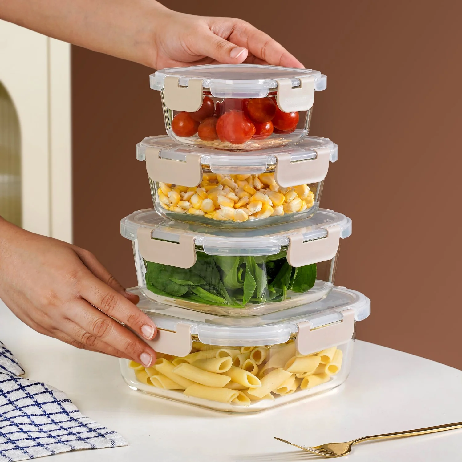 Nestro Airtight Food Storage Square Container Set Of 4 Beige S 300ml M 500ml L 800ml XL 1200ml - Image 3